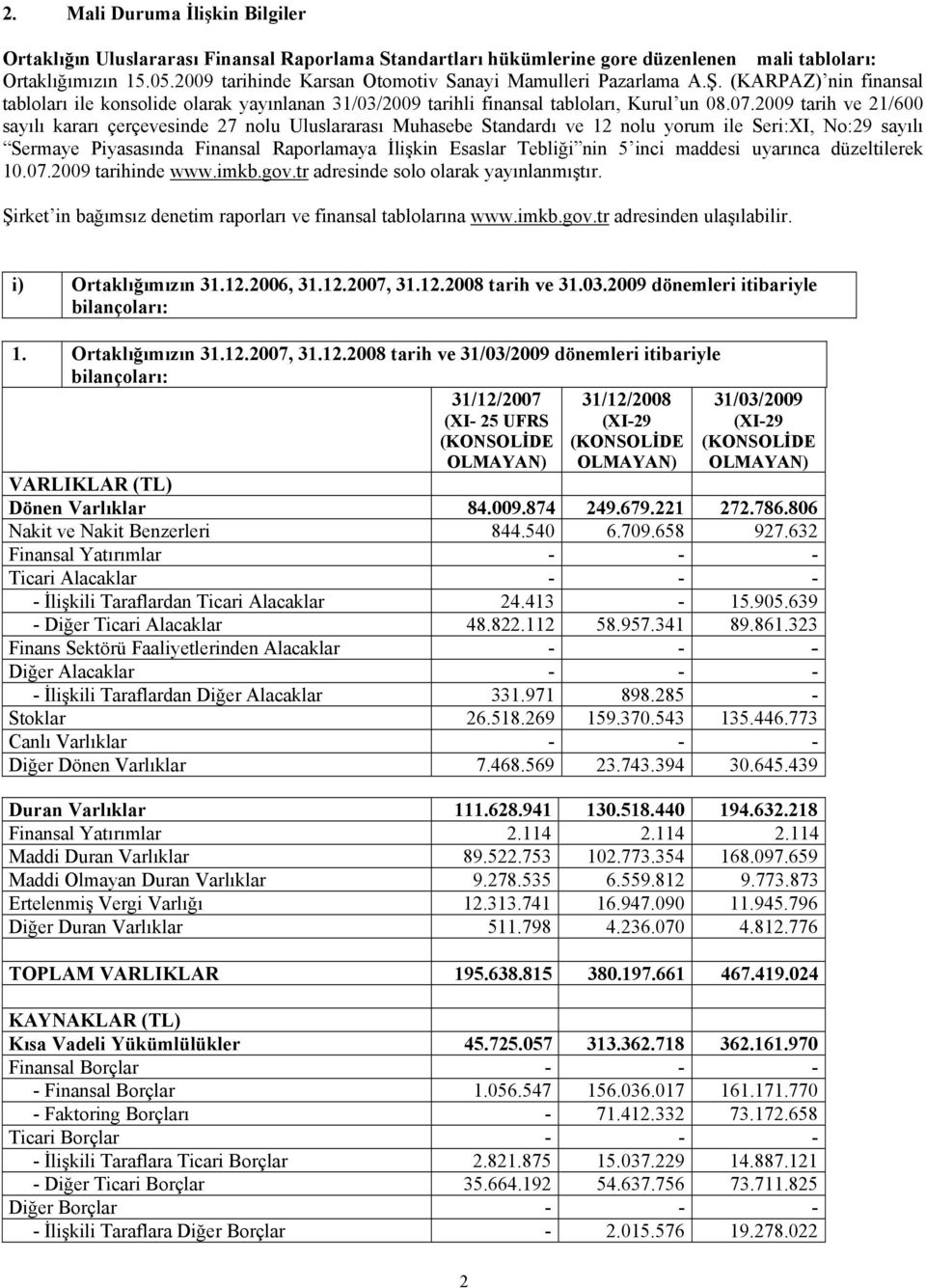 2009 tarih ve 21/600 sayılı kararı çerçevesinde 27 nolu Uluslararası Muhasebe Standardı ve 12 nolu yorum ile Seri:XI, No:29 sayılı Sermaye Piyasasında Finansal Raporlamaya İlişkin Esaslar Tebliği nin