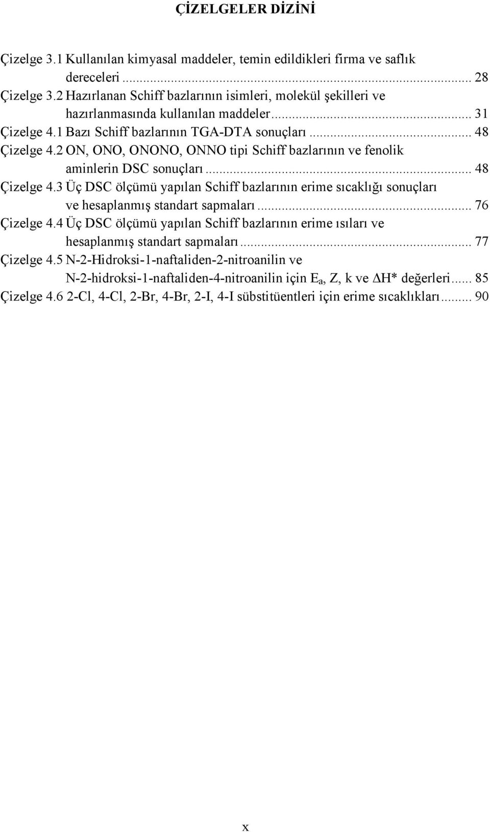 2 ON, ONO, ONONO, ONNO tipi Schiff bazlarının ve fenolik aminlerin DSC sonuçları... 48 Çizelge 4.3 Üç DSC ölçümü yapılan Schiff bazlarının erime sıcaklığı sonuçları ve hesaplanmış standart sapmaları.