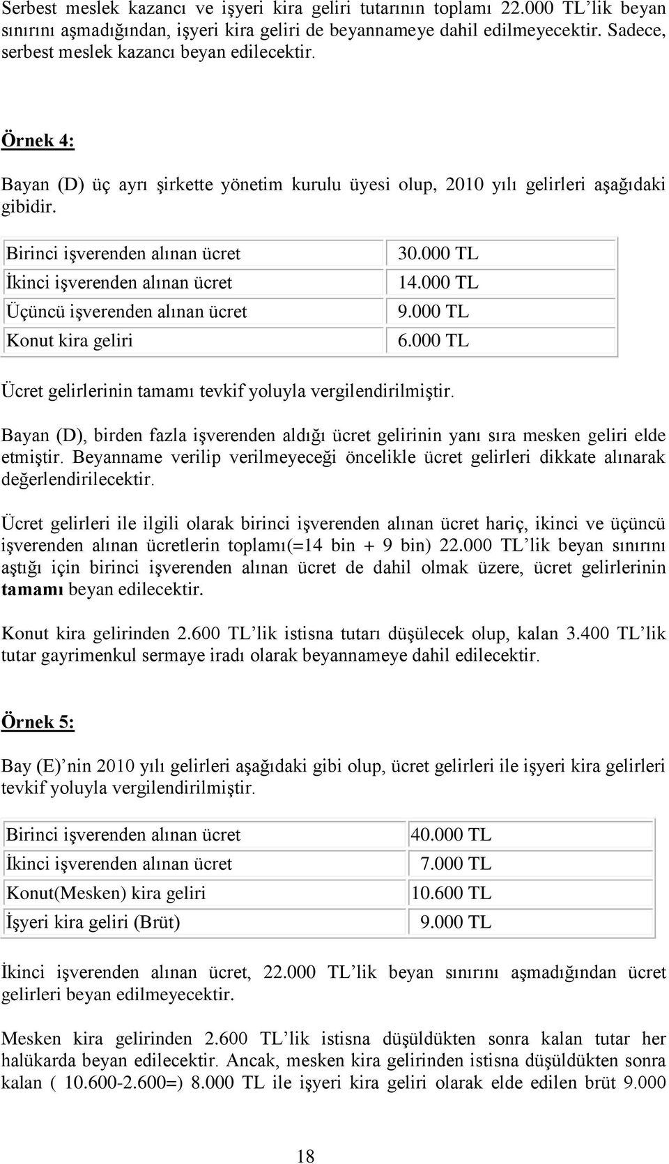 Birinci işverenden alınan ücret İkinci işverenden alınan ücret Üçüncü işverenden alınan ücret Konut kira geliri 30.000 TL 14.000 TL 9.000 TL 6.