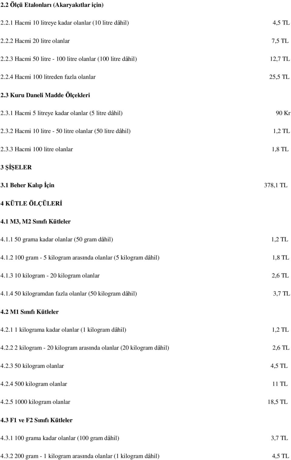 3.3 Hacmi 100 litre olanlar 1,8 TL 3 ŞİŞELER 3.1 Beher Kalıp İçin 378,1 TL 4 KÜTLE ÖLÇÜLERİ 4.1 M3, M2 Sınıfı Kütleler 4.1.1 50 grama kadar olanlar (50 gram dâhil) 1,2 TL 4.1.2 100 gram - 5 kilogram arasında olanlar (5 kilogram dâhil) 1,8 TL 4.