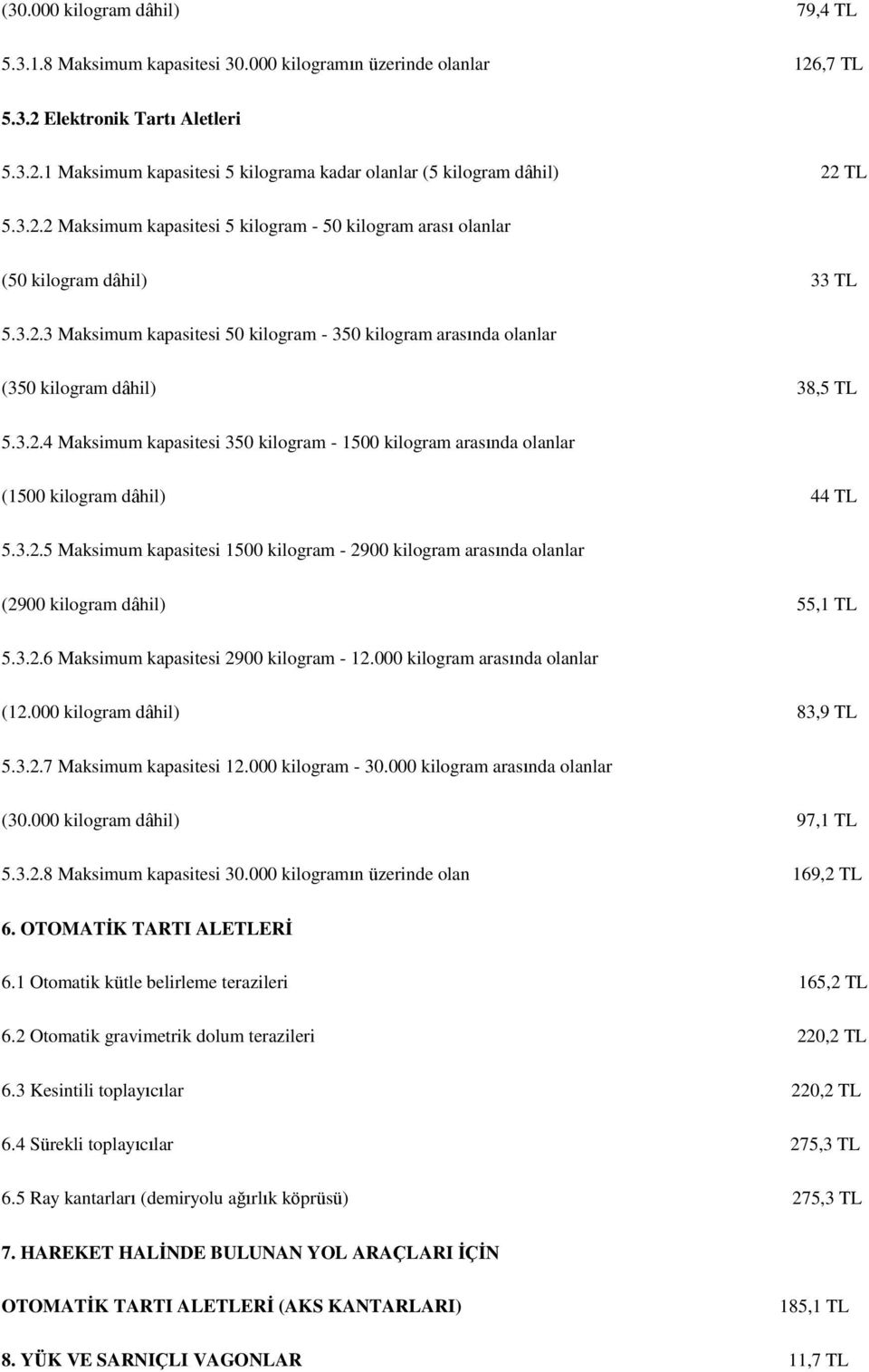 3.2.5 Maksimum kapasitesi 1500 kilogram - 2900 kilogram arasında olanlar (2900 kilogram dâhil) 55,1 TL 5.3.2.6 Maksimum kapasitesi 2900 kilogram - 12.000 kilogram arasında olanlar (12.