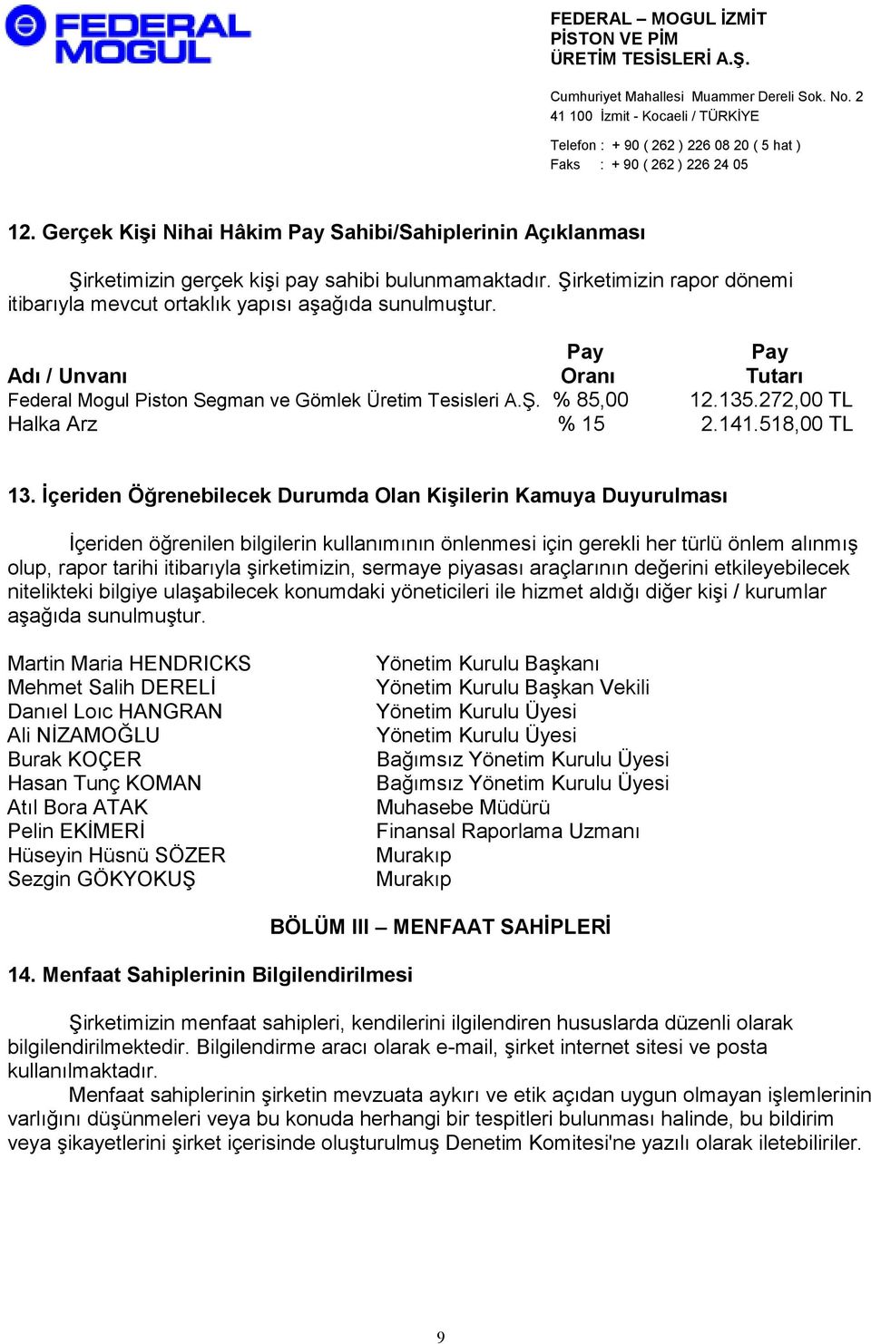 Đçeriden Öğrenebilecek Durumda Olan Kişilerin Kamuya Duyurulması Đçeriden öğrenilen bilgilerin kullanımının önlenmesi için gerekli her türlü önlem alınmış olup, rapor tarihi itibarıyla şirketimizin,