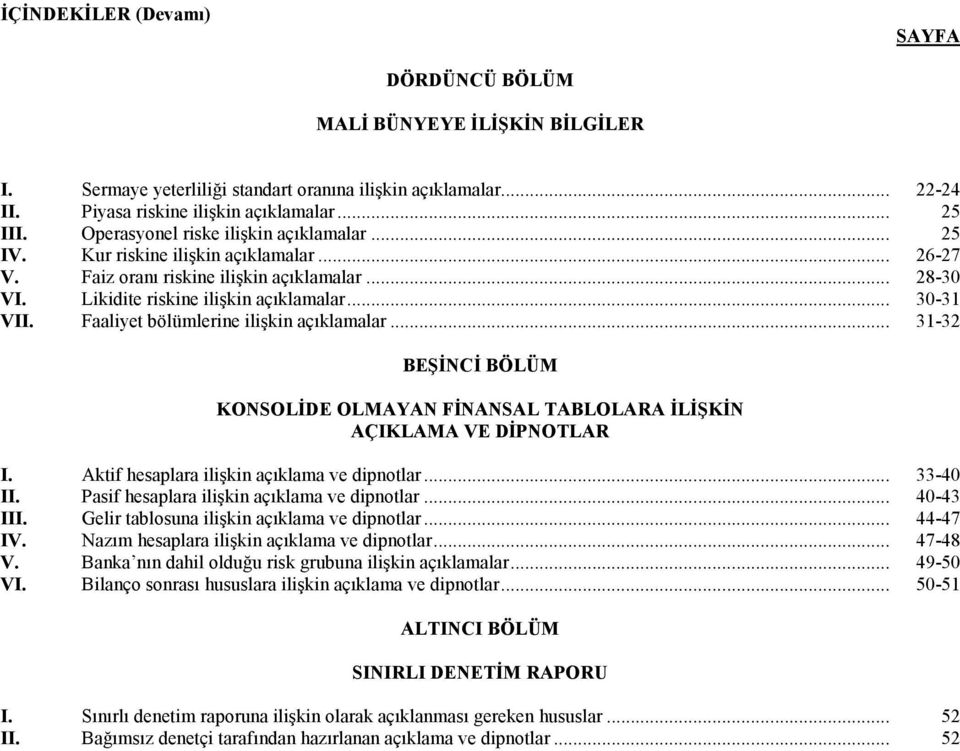 Faaliyet bölümlerine ilişkin açıklamalar... 31-32 BEŞĐNCĐ BÖLÜM KONSOLĐDE OLMAYAN FĐNANSAL TABLOLARA ĐLĐŞKĐN AÇIKLAMA VE DĐPNOTLAR I. Aktif hesaplara ilişkin açıklama ve dipnotlar... 33-40 II.