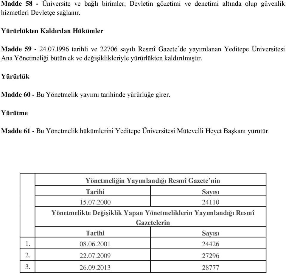 Yürürlük Madde 60 - Bu Yönetmelik yayımı tarihinde yürürlüğe girer. Yürütme Madde 61 - Bu Yönetmelik hükümlerini Yeditepe Üniversitesi Mütevelli Heyet Başkanı yürütür.