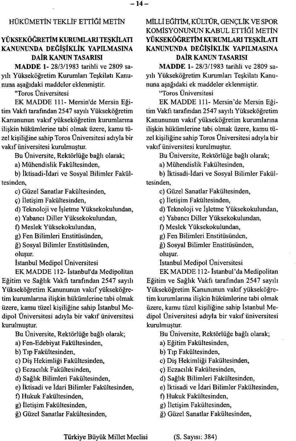 "Toros Üniversitesi EK MADDE 111- Mersin'de Mersin Eğitim Vakfı tarafından 2547 sayılı Yükseköğretim Kanununun vakıf yükseköğretim kurumlarına ilişkin hükümlerine tabi olmak üzere, kamu tüzel