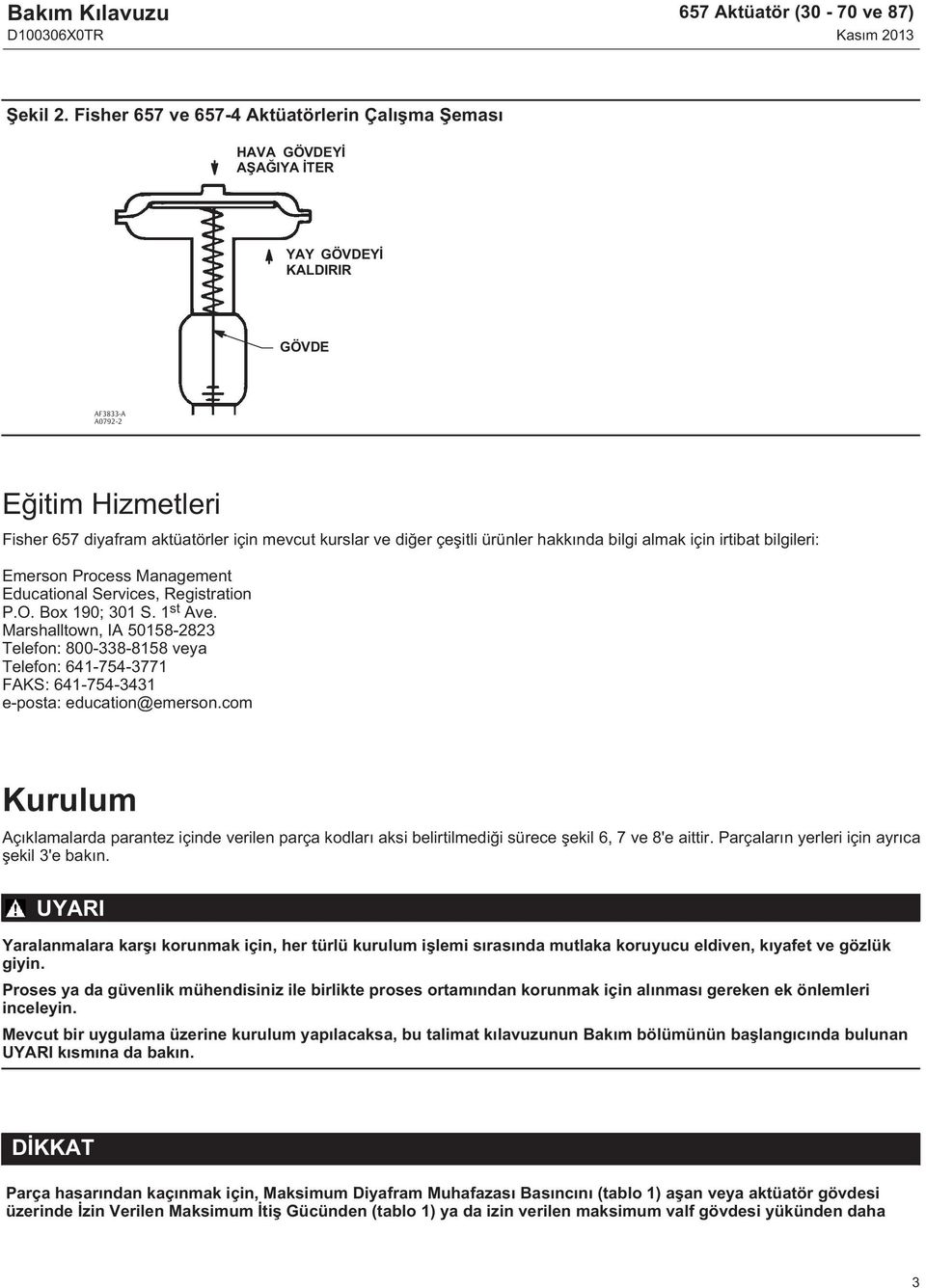 çeşitli ürünler hakkında bilgi almak için irtibat bilgileri: Emerson Process Management Educational Services, Registration P.O. Box 190; 301 S. 1 st Ave.