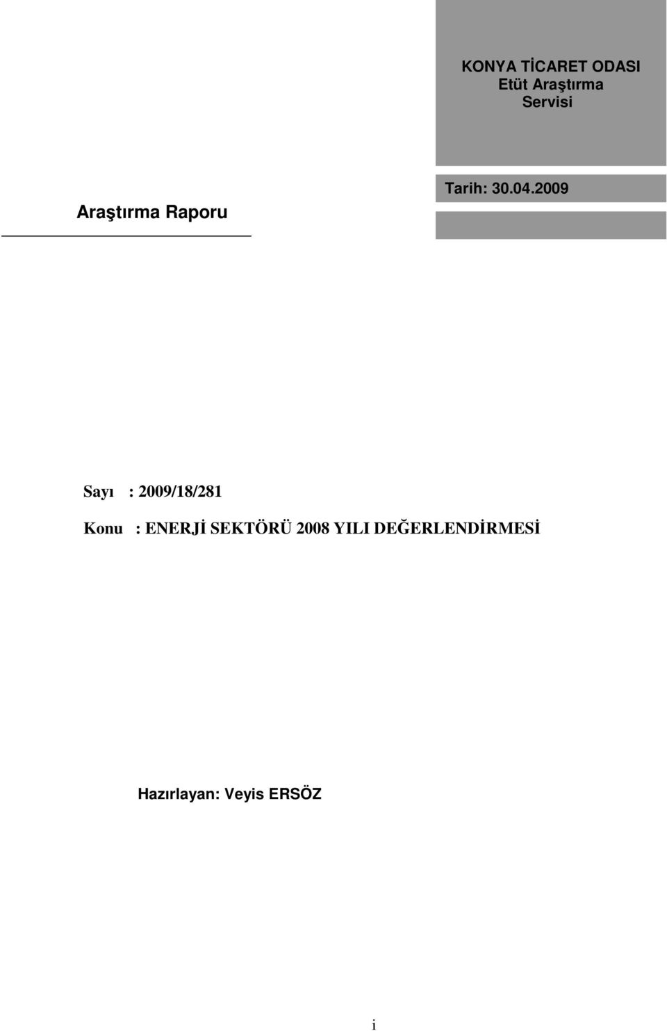 2009 Sayı : 2009/18/281 Konu : ENERJİ