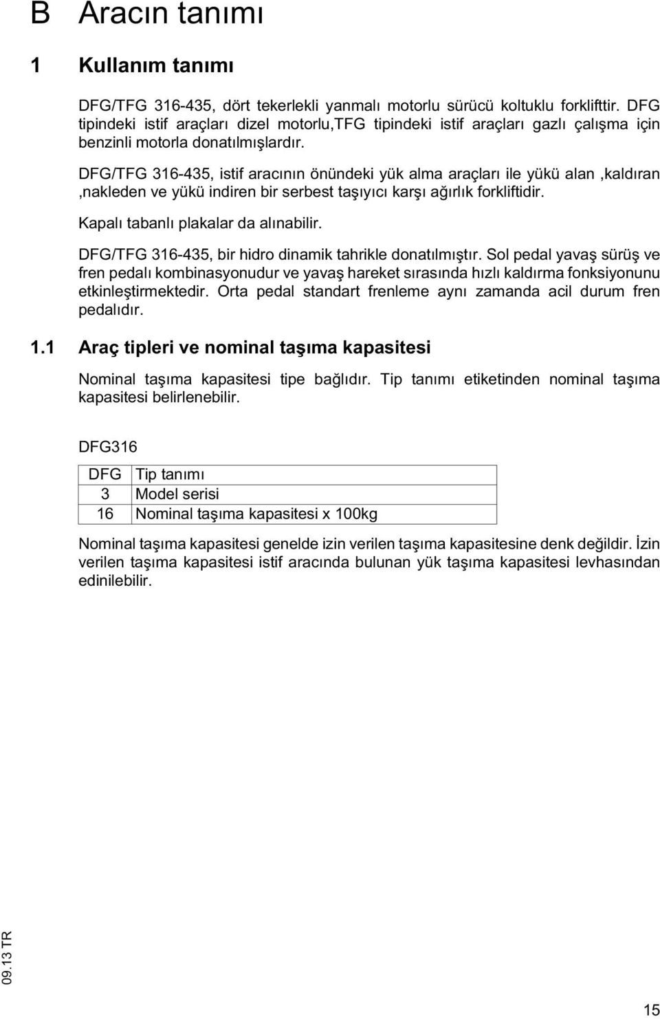 DFG/TFG 316-435, isif aracının önündeki yük alma araçları ile yükü alan,kaldıran,nakleden ve yükü indiren bir serbes a ıyıcı kar ı a ırlık forklifidir. Kapalı abanlı plakalar da alınabilir.