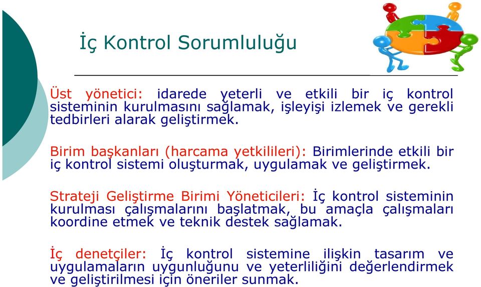 Strateji Geliştirme Birimi Yöneticileri: İç kontrol sisteminin kurulması çalışmalarını başlatmak, bu amaçla çalışmaları koordine etmek ve teknik destek