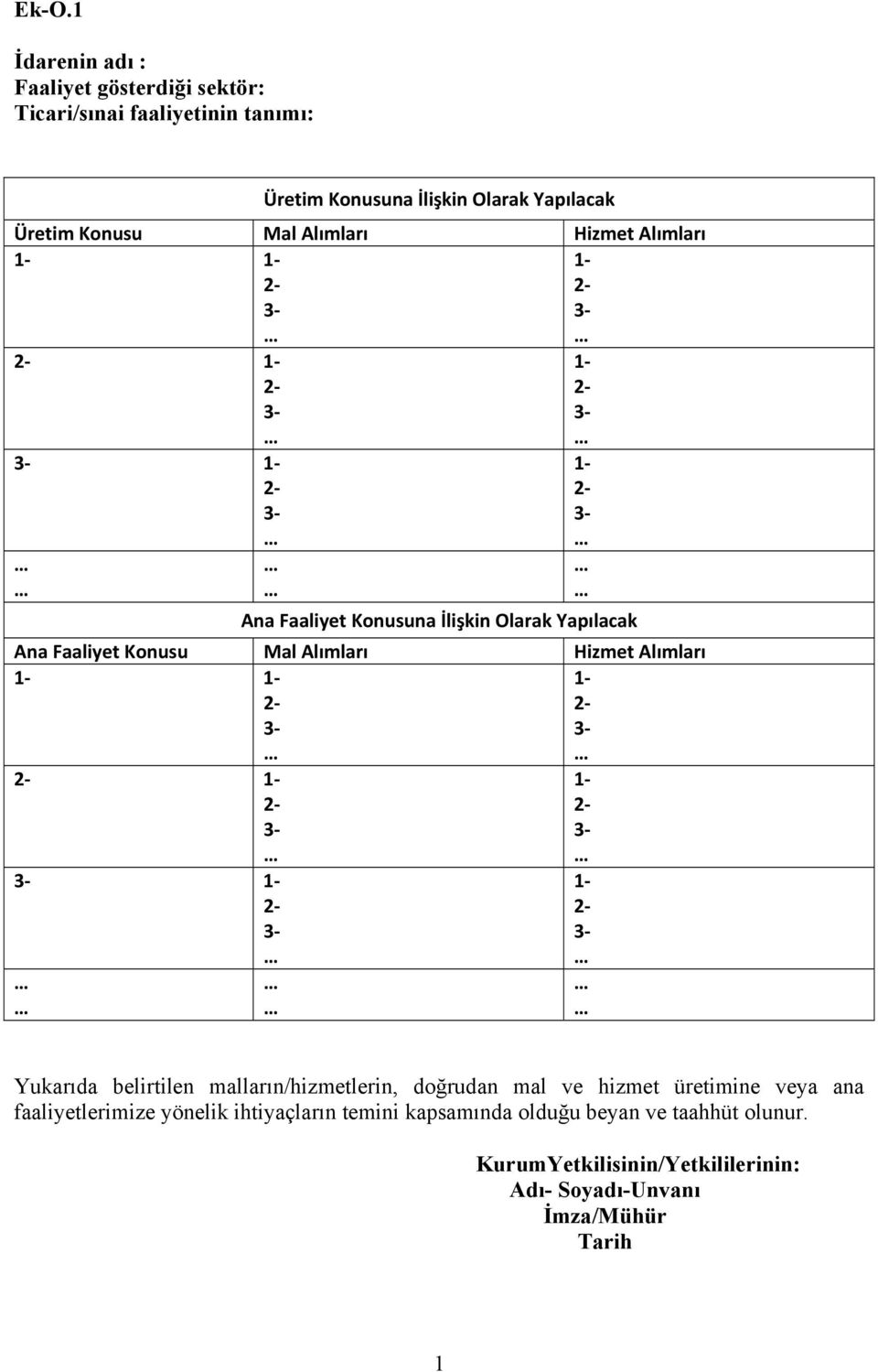 Hizmet Alımları 1-1- 1-1- 1-1- 1- Yukarıda belirtilen malların/hizmetlerin, doğrudan mal ve hizmet üretimine veya ana faaliyetlerimize