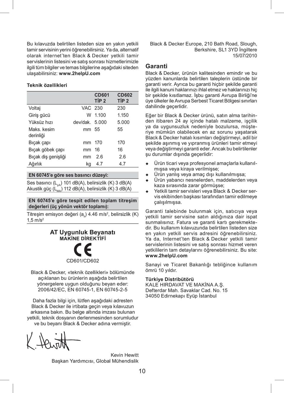 www.2helpu.com Teknik özellikleri CD601 TİP 2 CD602 TİP 2 Voltaj VAC 230 230 Giriş gücü W 1.100 1.150 Yüksüz hızı dev/dak. 5.000 5.000 Maks.