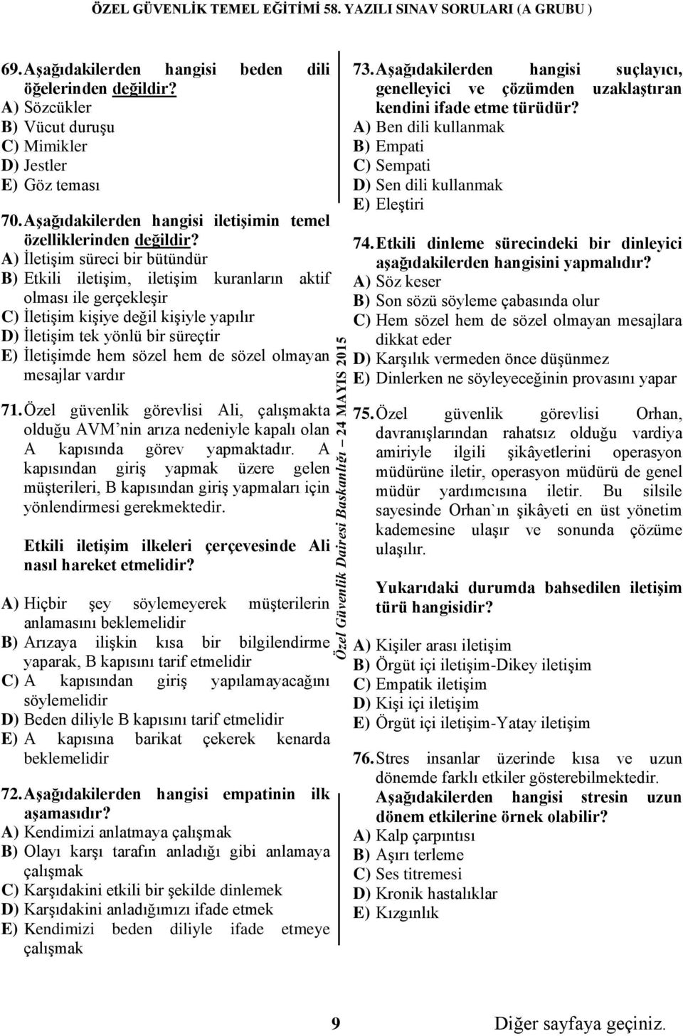 sözel hem de sözel olmayan mesajlar vardır 71. Özel güvenlik görevlisi Ali, çalışmakta olduğu AVM nin arıza nedeniyle kapalı olan A kapısında görev yapmaktadır.