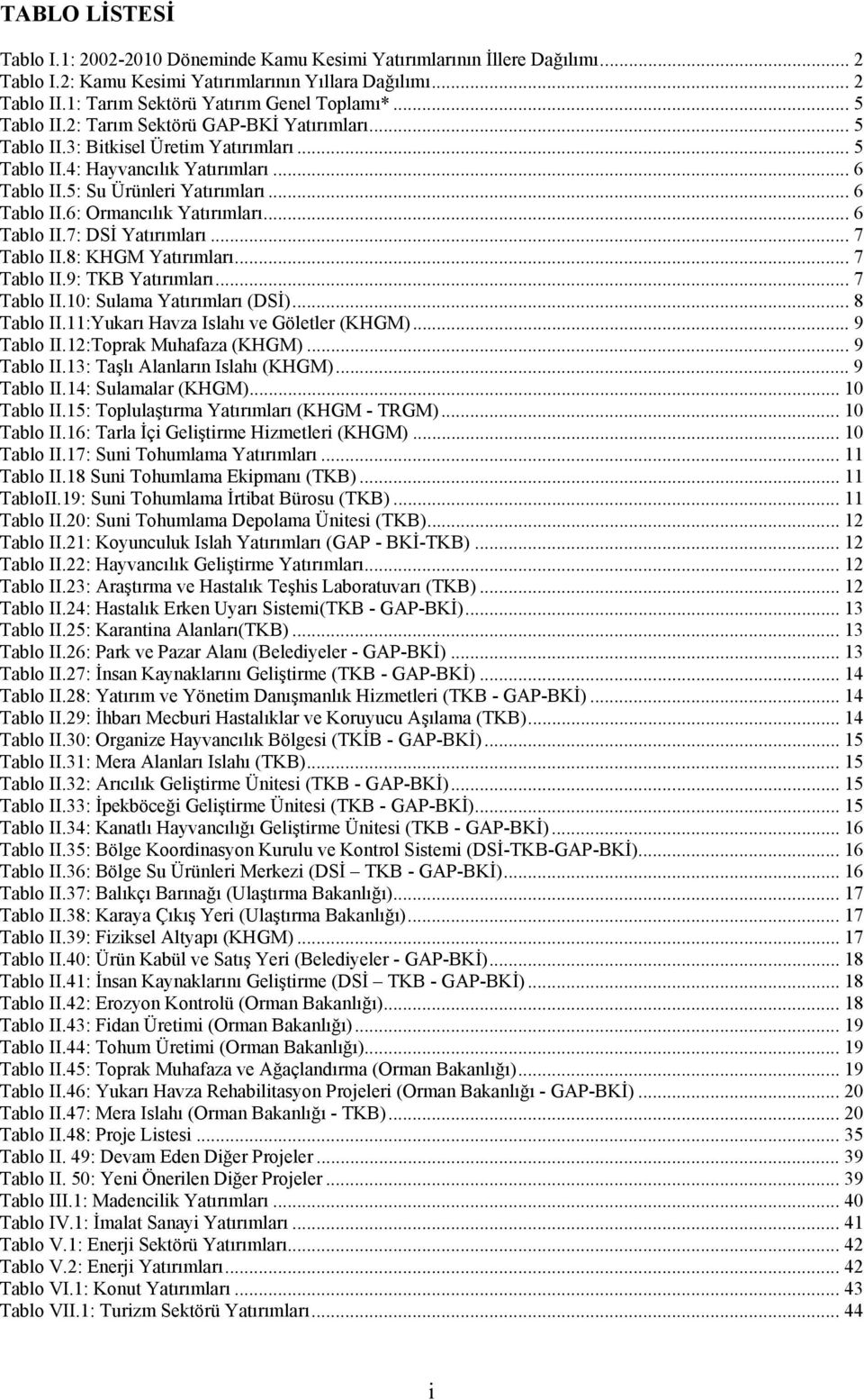 .. 6 Tablo II.7: DSİ Yatırımları... 7 Tablo II.8: KHGM Yatırımları...7 Tablo II.9: TKB Yatırımları... 7 Tablo II.10: Sulama Yatırımları (DSİ)... 8 Tablo II.11:Yukarı Havza Islahı ve Göletler (KHGM).
