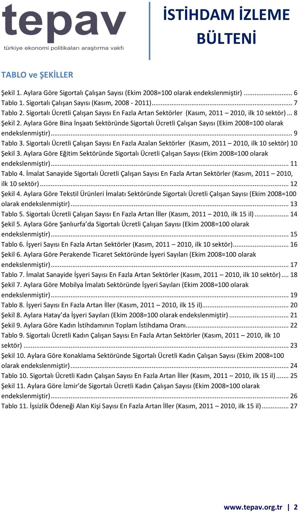 .. 9 Tablo 3. Sigortalı Ücretli Sayısı En Fazla Azalan Sektörler, 2011 2010, ilk 10 sektör) 10 Şekil 3. Aylara Göre Eğitim Sektöründe Sigortalı Ücretli Sayısı (Ekim 2008=100 olarak endekslenmiştir).