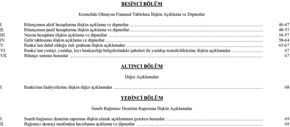 Banka nın dahil olduğu risk grubuna ilişkin açıklamalar... 65-67 VI. Banka nın yurtiçi, yurtdışı, kıyı bankacılığı bölgelerindeki şubeleri ile yurtdışı temsilciliklerine ilişkin açıklamalar... 67 VII.