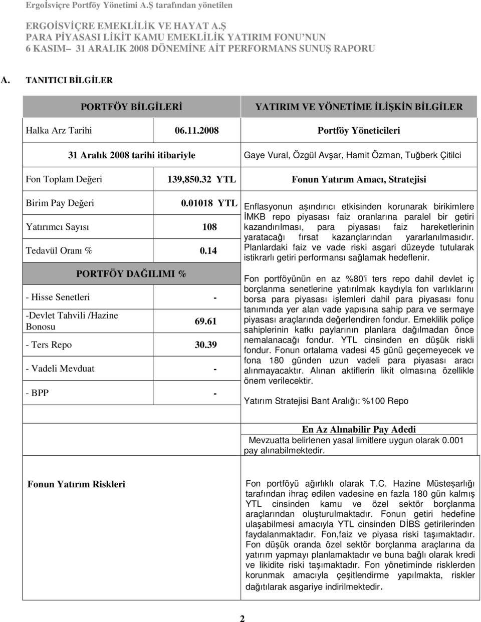 01018 YTL Yatırımcı Sayısı 108 Tedavül Oranı % 0.14 PORTFÖY DAĞILIMI % - Hisse Senetleri - -Devlet Tahvili /Hazine Bonosu 69.61 - Ters Repo 30.