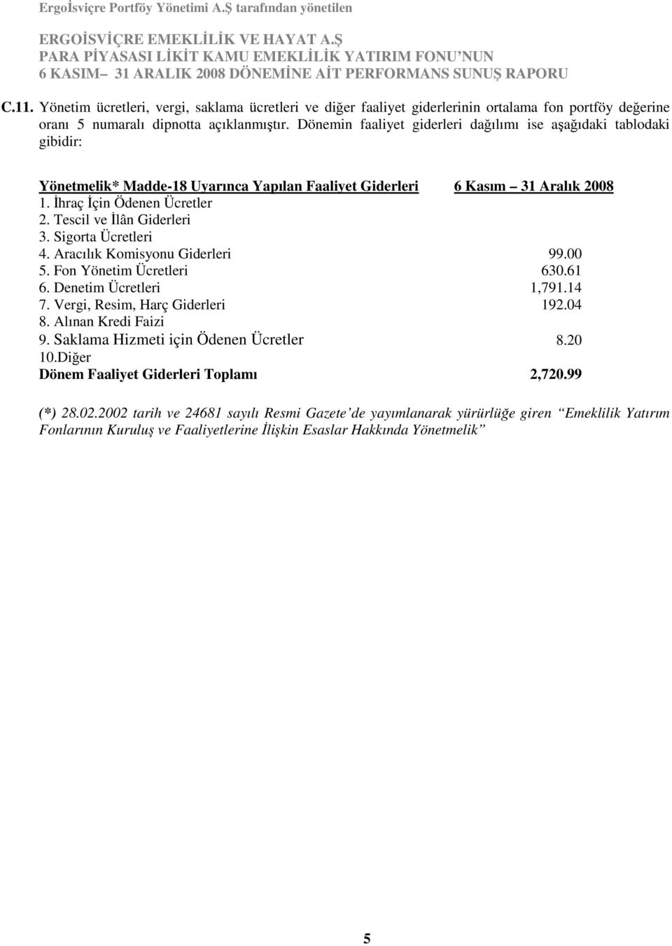 Tescil ve Đlân Giderleri 3. Sigorta Ücretleri 4. Aracılık Komisyonu Giderleri 99.00 5. Fon Yönetim Ücretleri 630.61 6. Denetim Ücretleri 1,791.14 7. Vergi, Resim, Harç Giderleri 192.04 8.