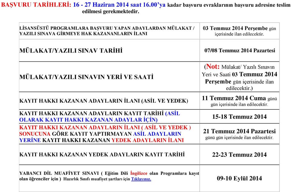 MÜLAKAT/YAZILI SINAV TARİHİ MÜLAKAT/YAZILI SINAVIN YERİ VE SAATİ KAYIT HAKKI KAZANAN ADAYLARIN İLANI (ASİL VE YEDEK) KAYIT HAKKI KAZANAN ADAYLARIN KAYIT TARİHİ (ASİL OLARAK KAYIT HAKKI KAZANAN