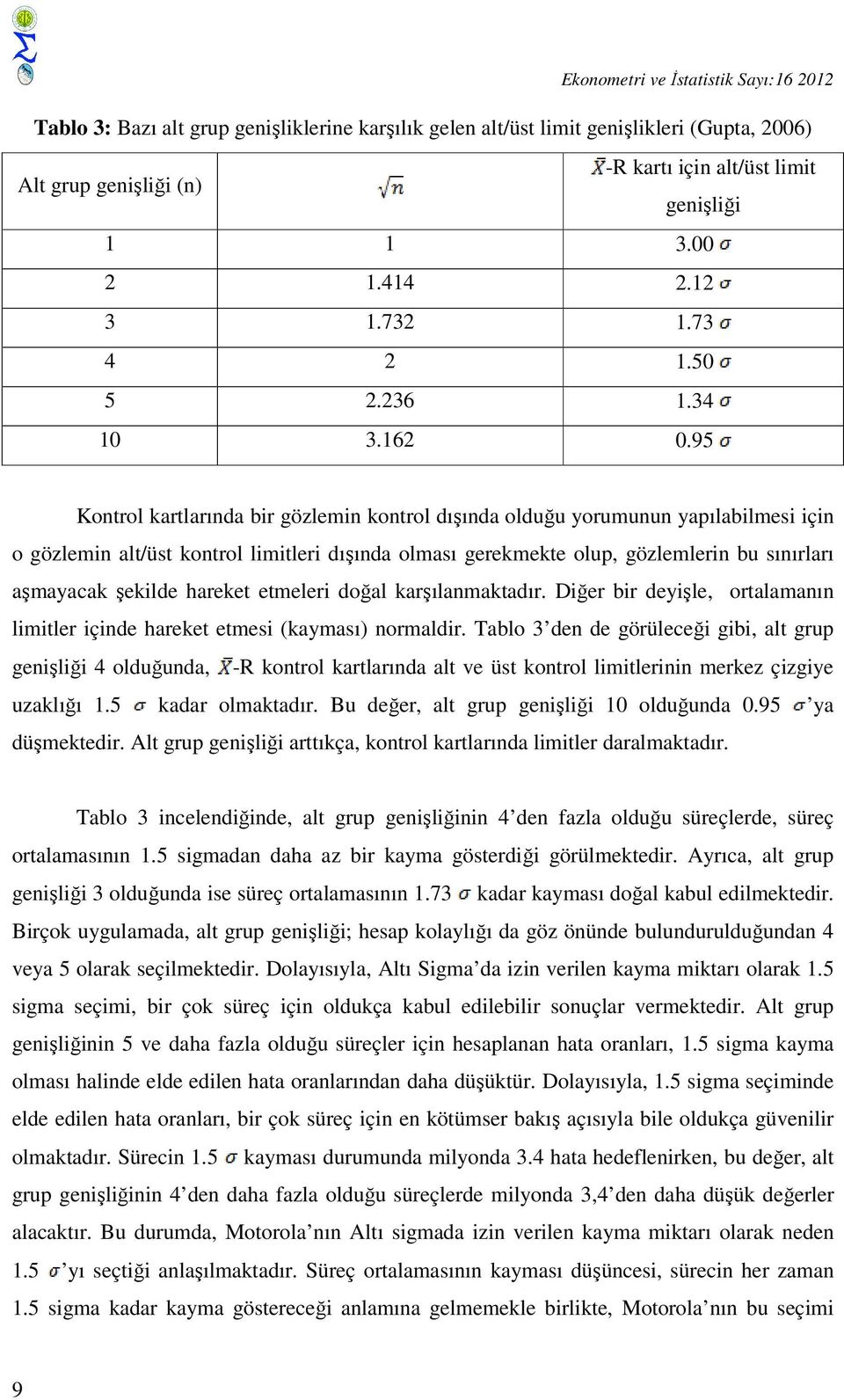 95 Kontrol kartlarında bir gözlemin kontrol dışında olduğu yorumunun yapılabilmesi için o gözlemin alt/üst kontrol limitleri dışında olması gerekmekte olup, gözlemlerin bu sınırları aşmayacak şekilde