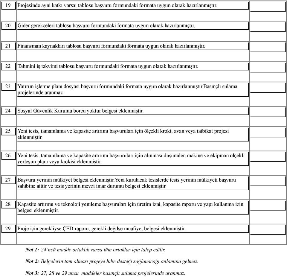 23 Yatırım işletme planı dosyası başvuru formundaki formata uygun olarak hazırlanmıştır.basınçlı sulama projelerinde aranmaz 24 Sosyal Güvenlik Kurumu borcu yoktur belgesi eklenmiştir.