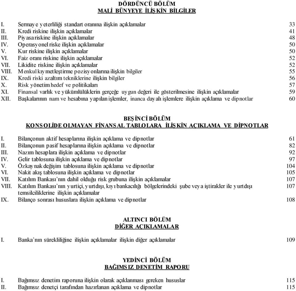 Menkul kıymetleştirme pozisyonlarına ilişkin bilgiler 55 IX. Kredi riski azaltım tekniklerine ilişkin bilgiler 56 X. Risk yönetim hedef ve politikaları 57 XI.