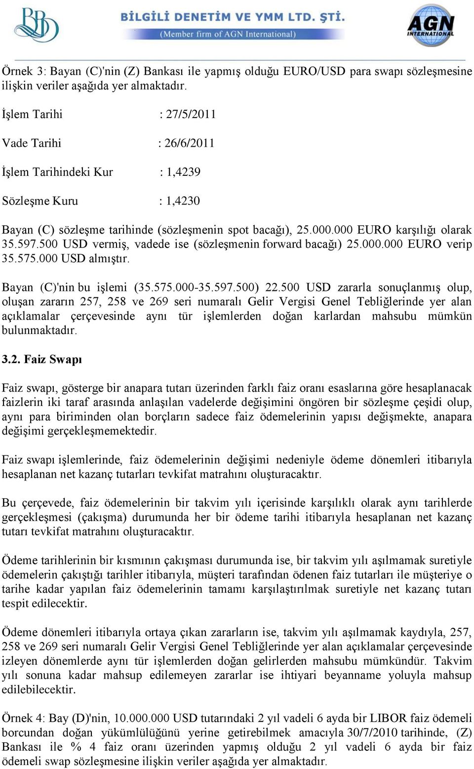 500 USD vermiş, vadede ise (sözleşmenin forward bacağı) 25.000.000 EURO verip 35.575.000 USD almıştır. Bayan (C)'nin bu işlemi (35.575.000-35.597.500) 22.