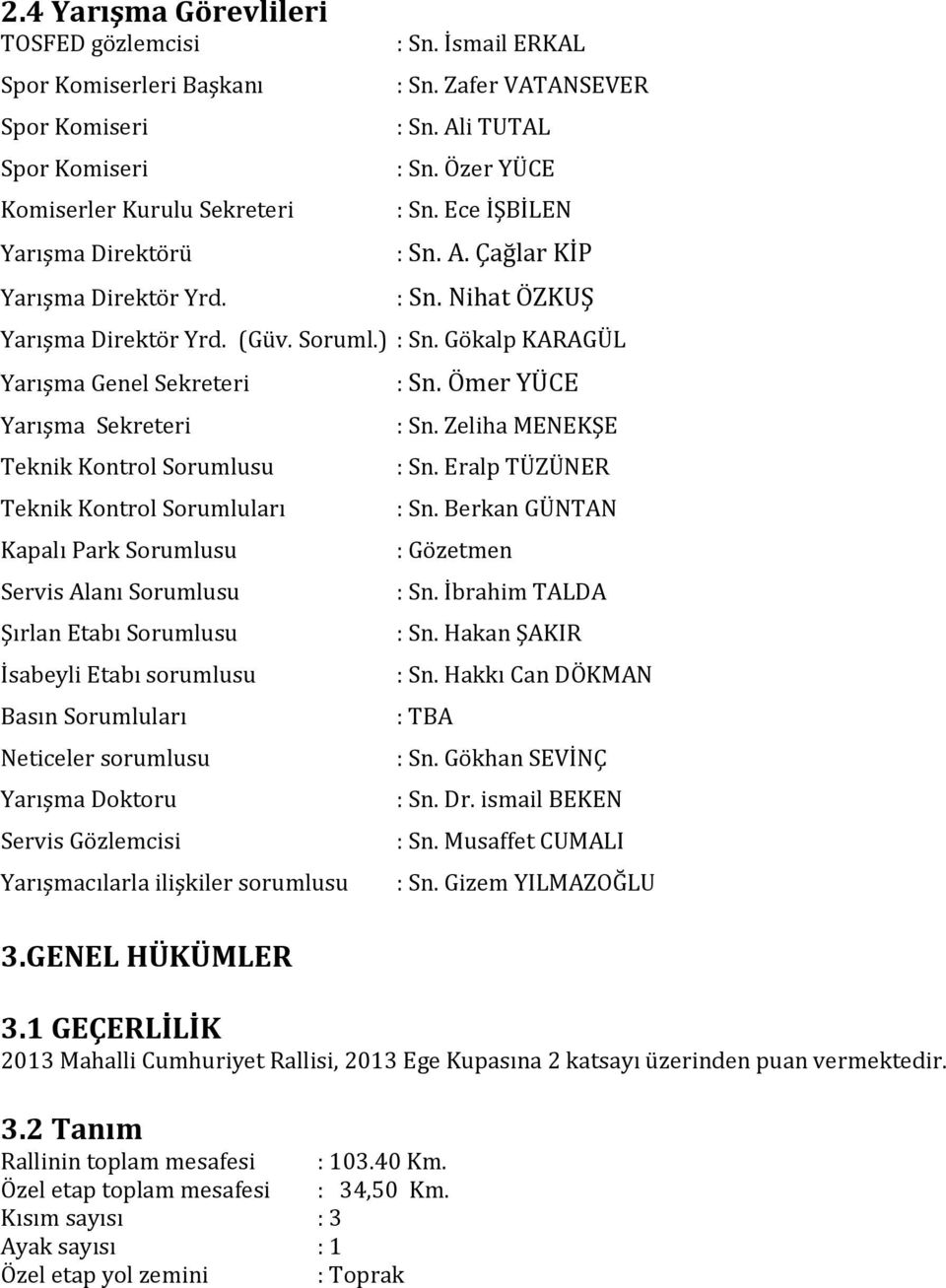 Gökalp KARAGÜL Yarışma Genel Sekreteri Yarışma Sekreteri Teknik Kontrol Sorumlusu Teknik Kontrol Sorumluları Kapalı Park Sorumlusu Servis Alanı Sorumlusu Şırlan Etabı Sorumlusu İsabeyli Etabı