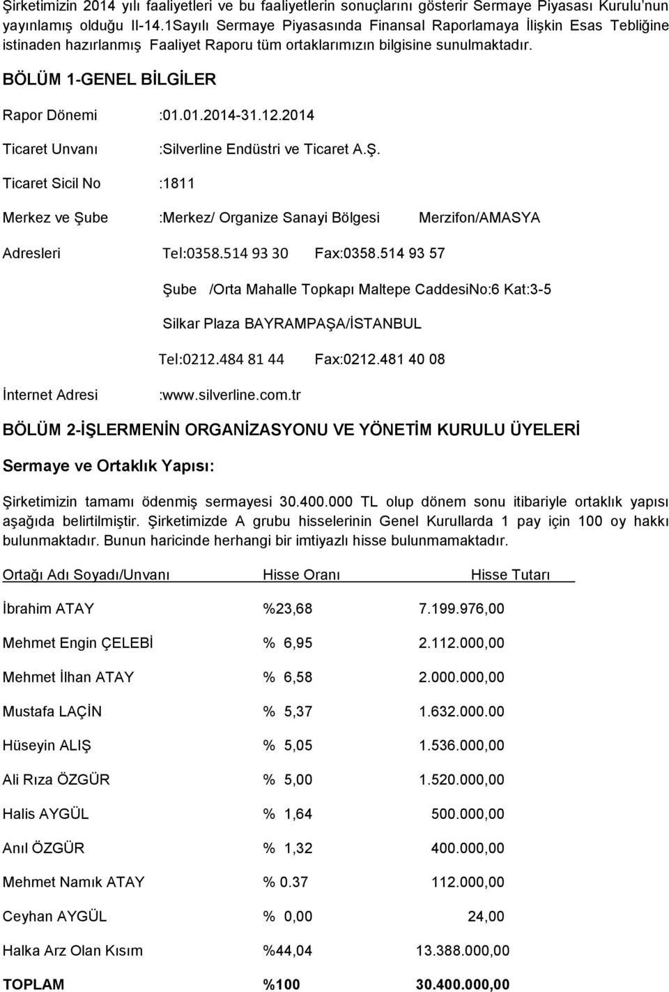 01.2014-31.12.2014 Ticaret Unvanı :Silverline Endüstri ve Ticaret A.Ş. Ticaret Sicil No :1811 Merkez ve Şube :Merkez/ Organize Sanayi Bölgesi Merzifon/AMASYA Adresleri Tel:0358.514 93 30 Fax:0358.