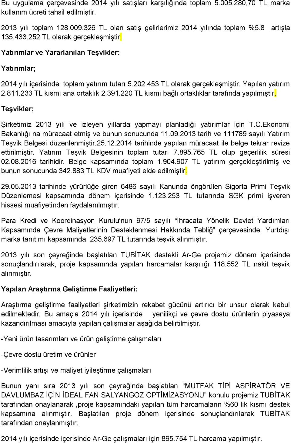 202.453 TL olarak gerçekleşmiştir. Yapılan yatırım 2.811.233 TL kısmı ana ortaklık 2.391.220 TL kısmı bağlı ortaklıklar tarafında yapılmıştır.