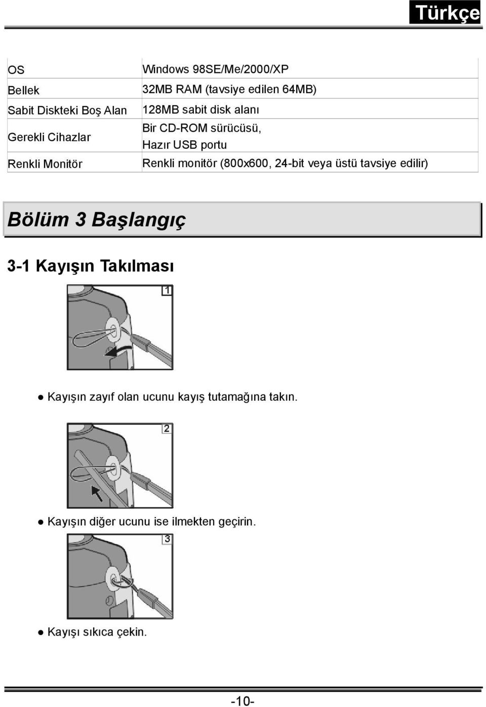 (800x600, 24-bit veya üstü tavsiye edilir) Bölüm 3 Başlangıç 3-1 Kayışın Takılması Kayışın zayıf