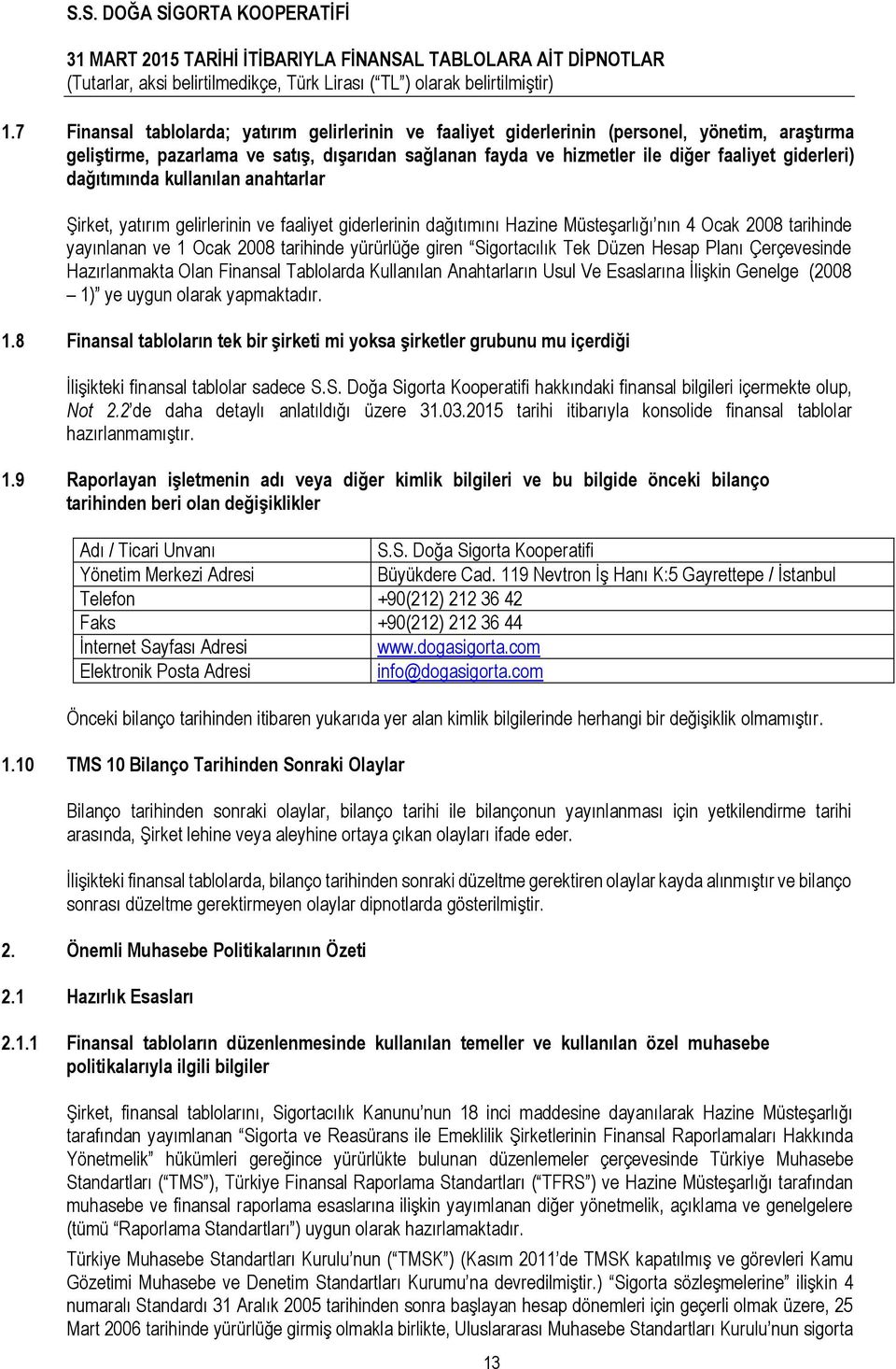 yürürlüğe giren Sigortacılık Tek Düzen Hesap Planı Çerçevesinde Hazırlanmakta Olan Finansal Tablolarda Kullanılan Anahtarların Usul Ve Esaslarına İlişkin Genelge (2008 1) ye uygun olarak yapmaktadır.