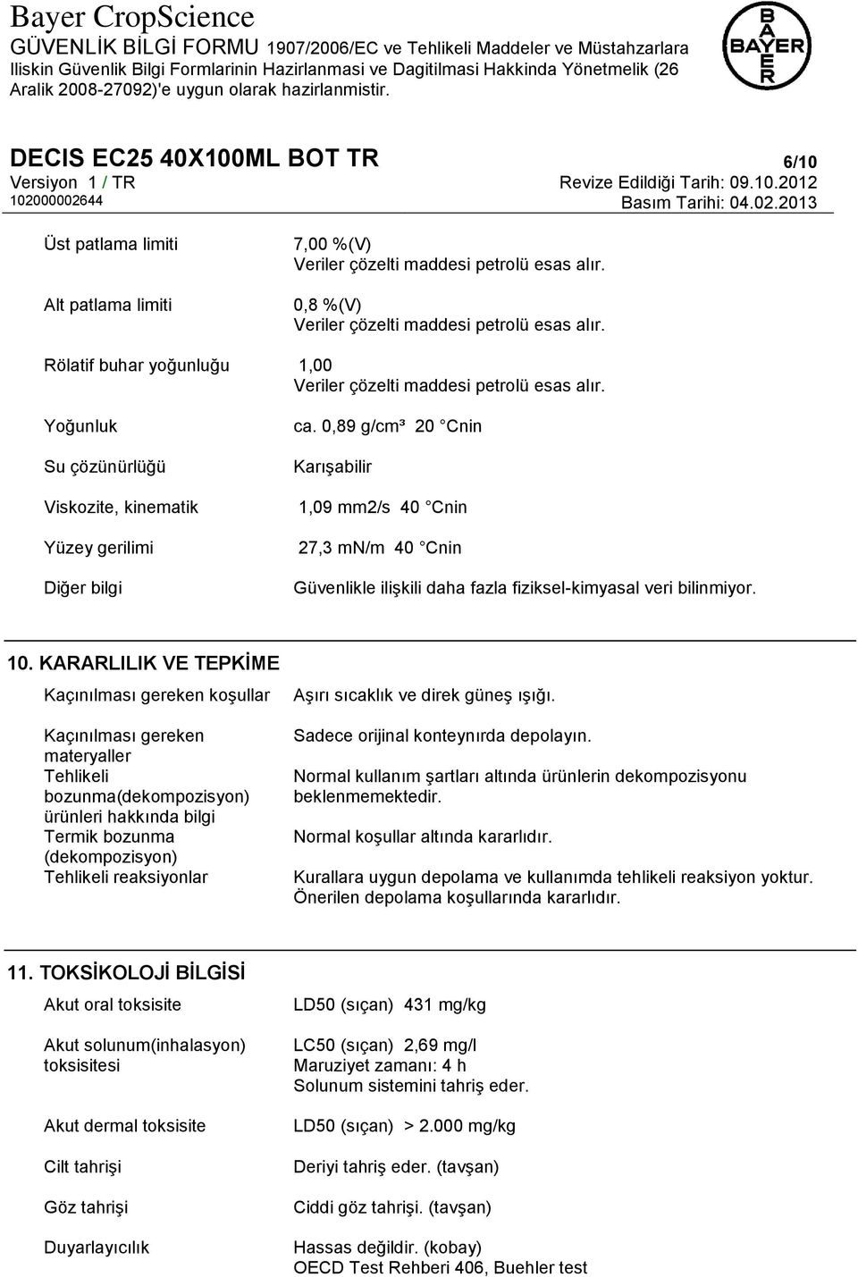 0,89 g/cm³ 20 Cnin Karışabilir 1,09 mm2/s 40 Cnin 27,3 mn/m 40 Cnin Güvenlikle ilişkili daha fazla fiziksel-kimyasal veri bilinmiyor. 10.