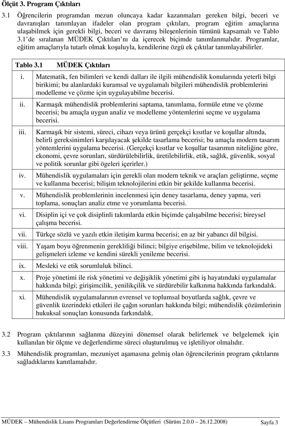 beceri ve davranış bileşenlerinin tümünü kapsamalı ve Tablo 3.1 de sıralanan MÜDEK Çıktıları nı da içerecek biçimde tanımlanmalıdır.