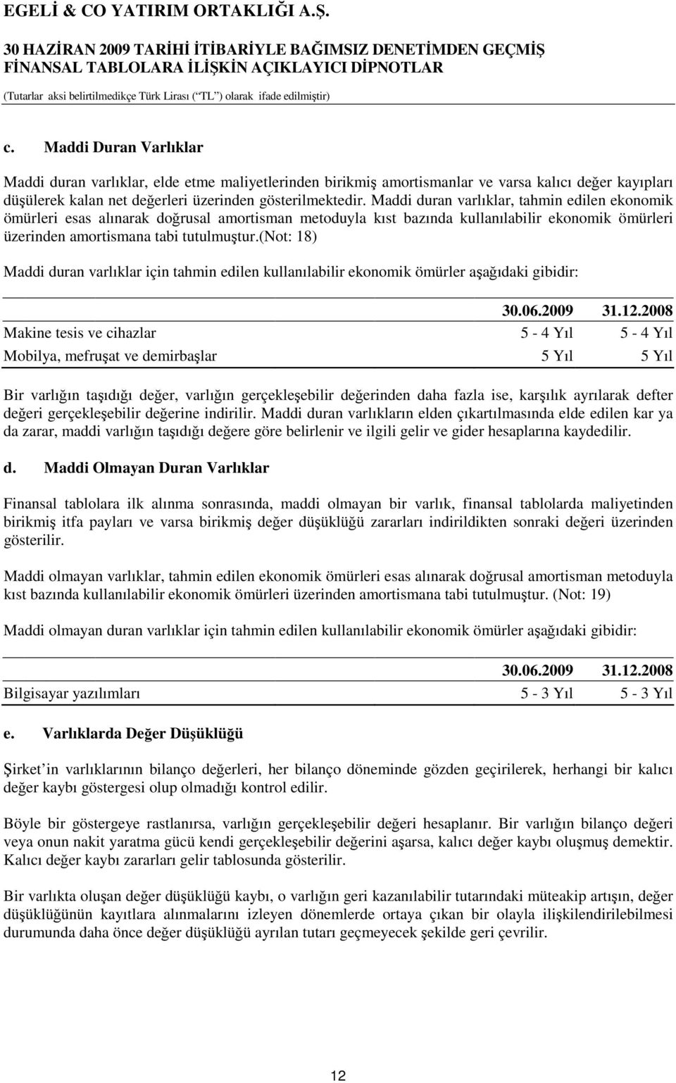 (not: 18) Maddi duran varlıklar için tahmin edilen kullanılabilir ekonomik ömürler aşağıdaki gibidir: 30.06.2009 31.12.