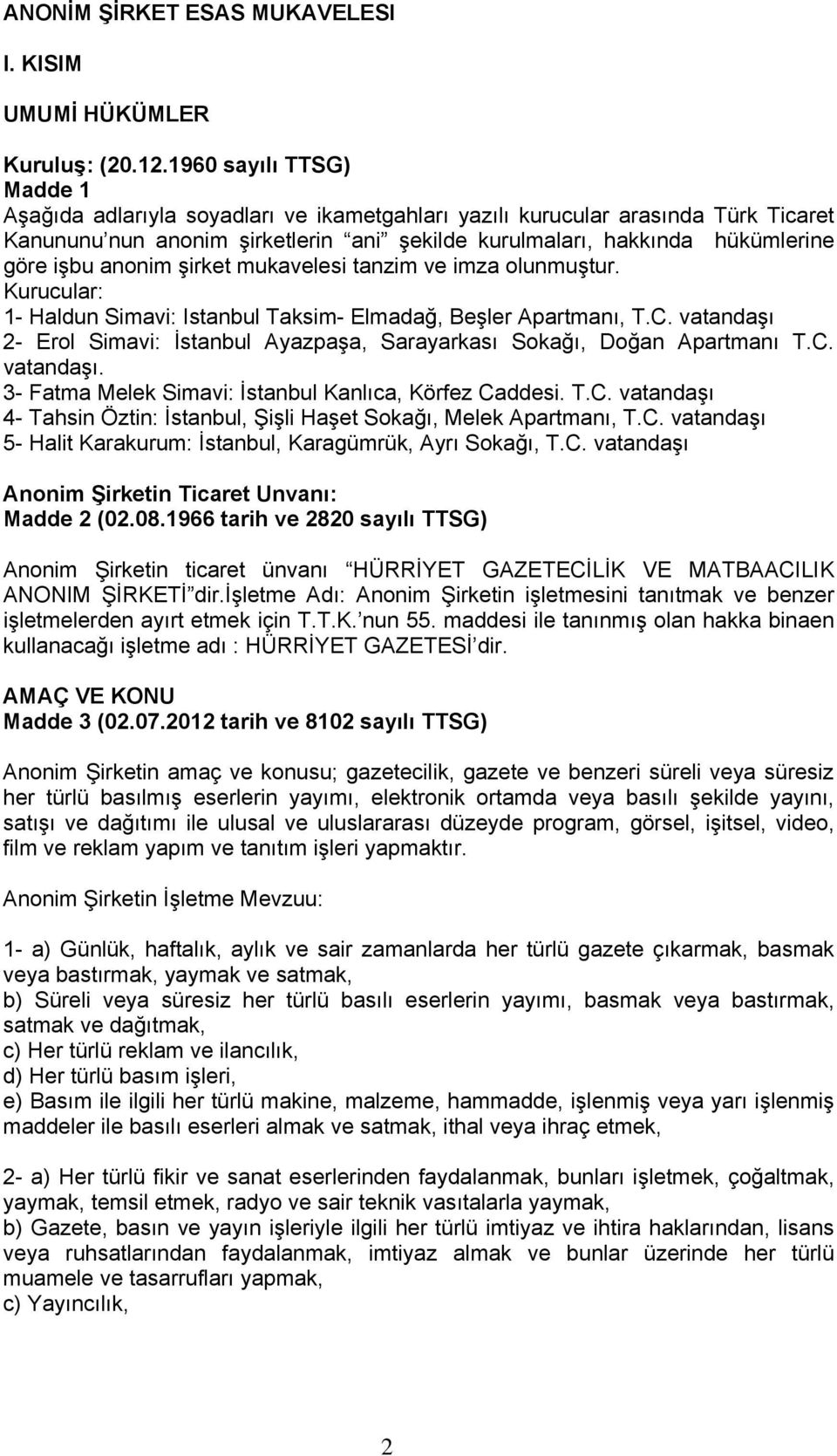 anonim şirket mukavelesi tanzim ve imza olunmuştur. Kurucular: 1- Haldun Simavi: Istanbul Taksim- Elmadağ, Beşler Apartmanı, T.C.