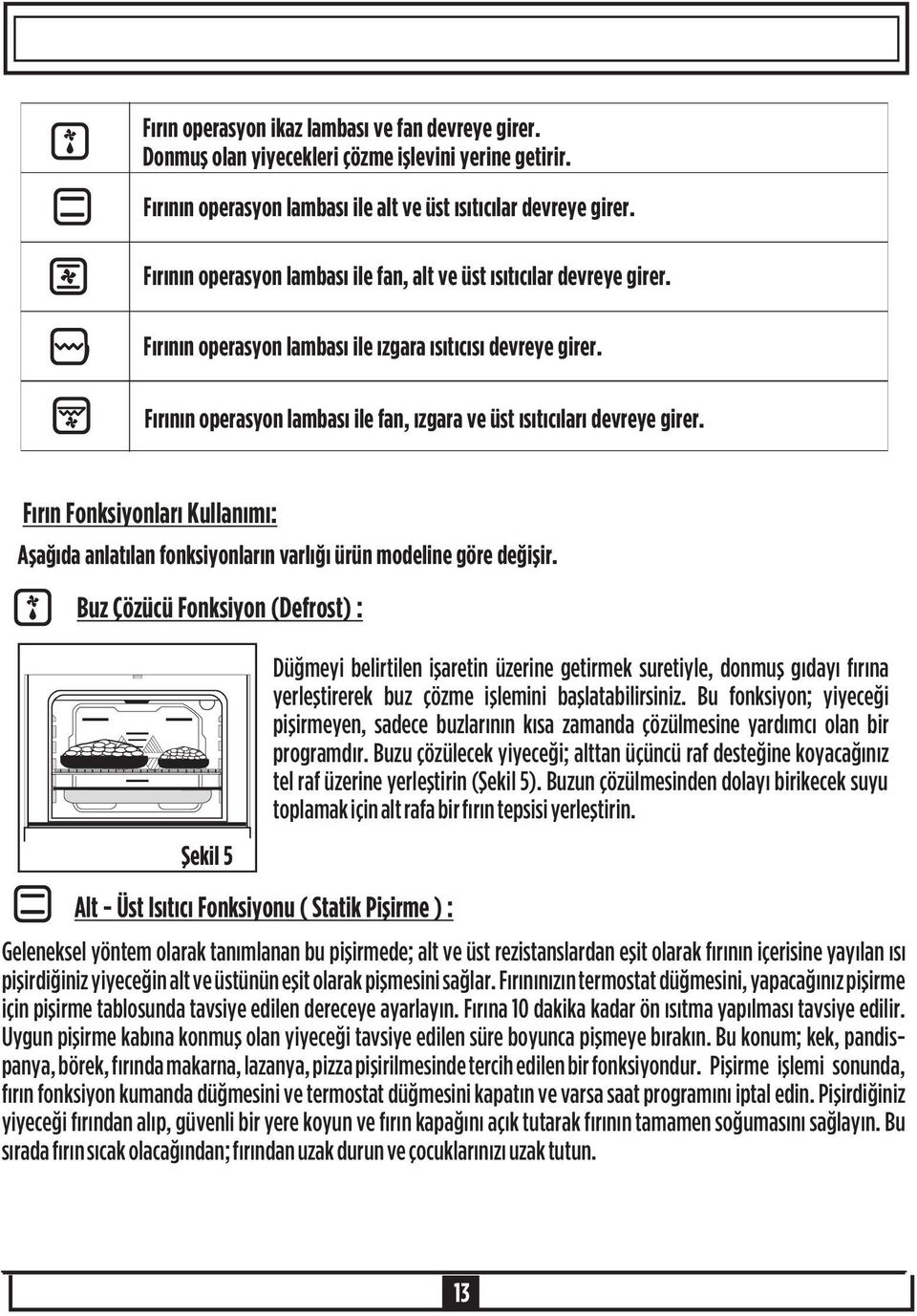 Fýrýnýn operasyon lambasý ile fan, ýzgara ve üst ýsýtýcýlarý devreye girer. Fýrýn Fonksiyonlarý Kullanýmý: Aþaðýda anlatýlan fonksiyonlarýn varlýðý ürün modeline göre deðiþir.