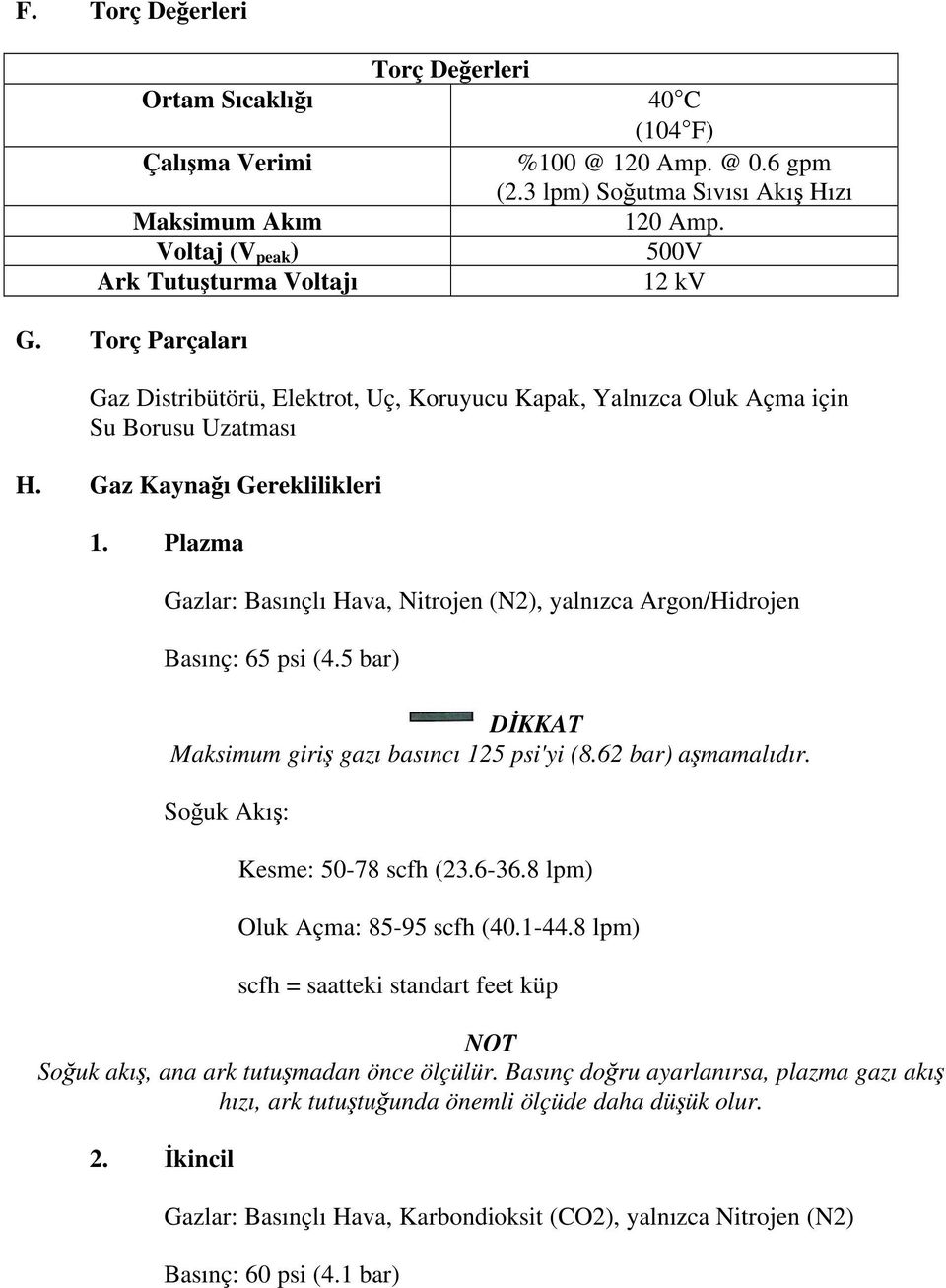 Plazma Gazlar: Basınçlı Hava, Nitrojen (N2), yalnızca Argon/Hidrojen Basınç: 65 psi (4.5 bar) D KKAT Maksimum giri gazı basıncı 125 psi'yi (8.62 bar) a mamalıdır. So uk Akı : Kesme: 50-78 scfh (23.