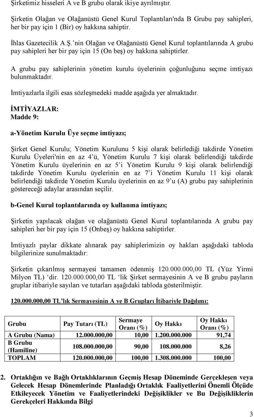 A grubu pay sahiplerinin yönetim kurulu üyelerinin çoğunluğunu seçme imtiyazı bulunmaktadır. İmtiyazlarla ilgili esas sözleşmedeki madde aşağıda yer almaktadır.