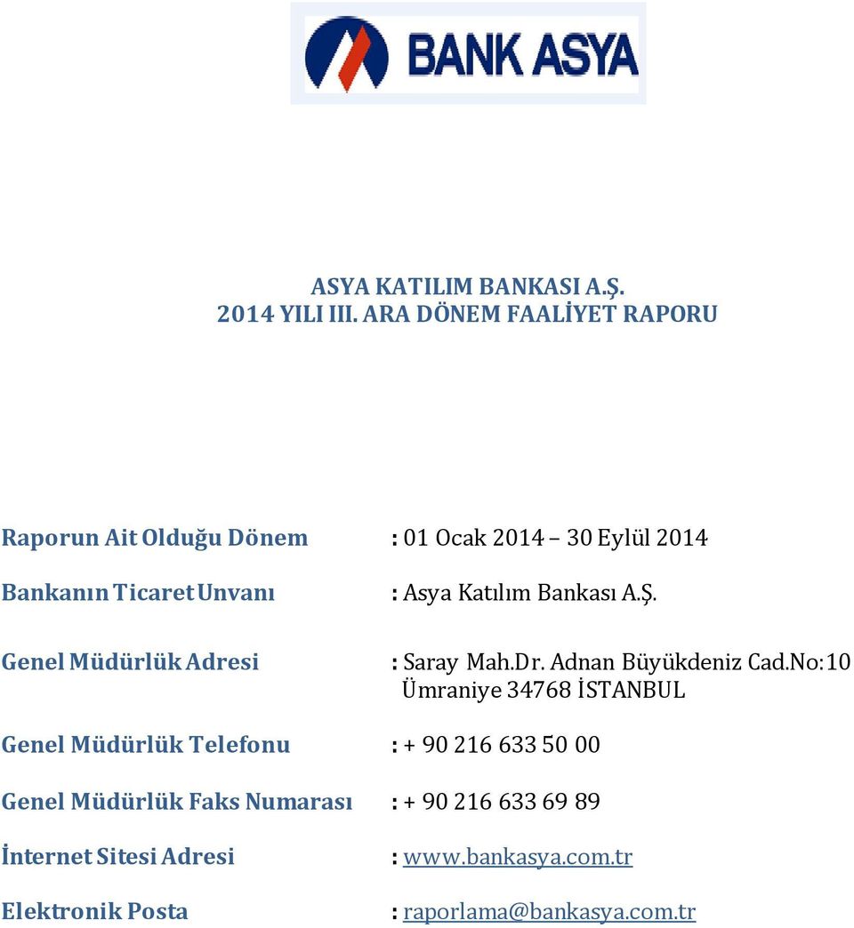 Müdürlük Adresi : Asya Katılım Bankası A.Ş. : Saray Mah.Dr. Adnan Büyükdeniz Cad.