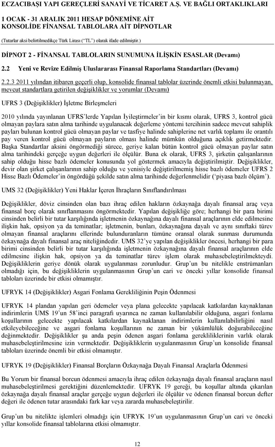 2 Yeni ve Revize Edilmiş Uluslararası Finansal Raporlama Standartları (Devamı) 2.2.3 2011 yılından itibaren geçerli olup, konsolide finansal tablolar üzerinde önemli etkisi bulunmayan, mevcut