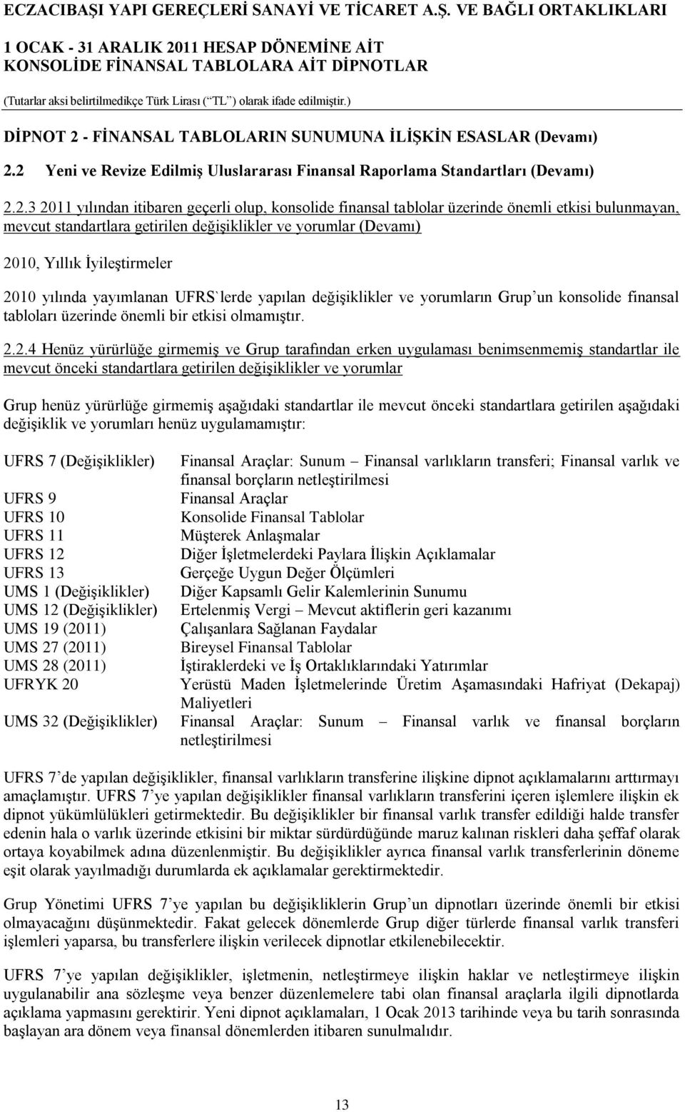 2 Yeni ve Revize Edilmiş Uluslararası Finansal Raporlama Standartları (Devamı) 2.2.3 2011 yılından itibaren geçerli olup, konsolide finansal tablolar üzerinde önemli etkisi bulunmayan, mevcut