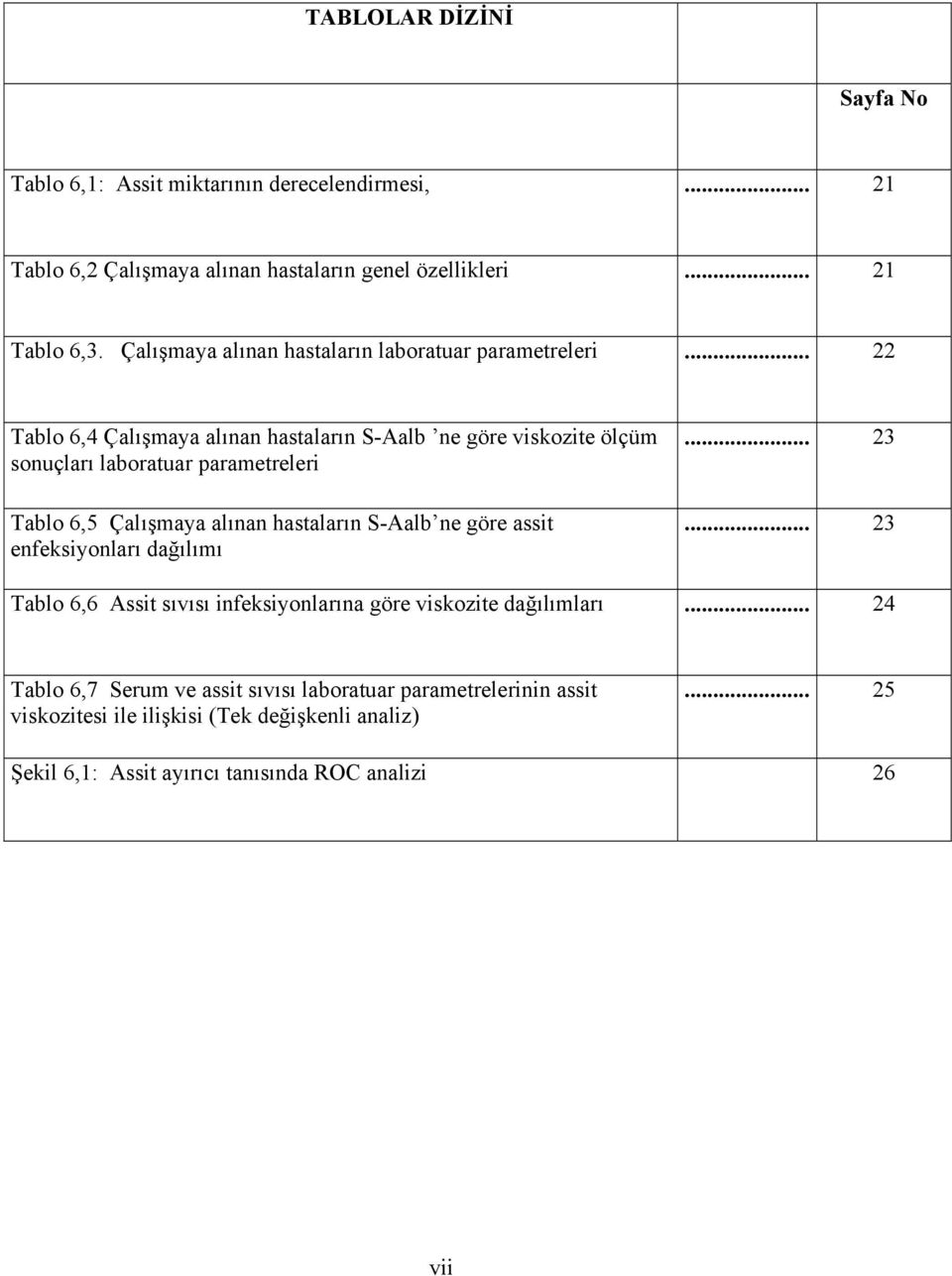 .. 22 Tablo 6,4 Çalışmaya alınan hastaların S-Aalb ne göre viskozite ölçüm sonuçları laboratuar parametreleri Tablo 6,5 Çalışmaya alınan hastaların S-Aalb ne göre