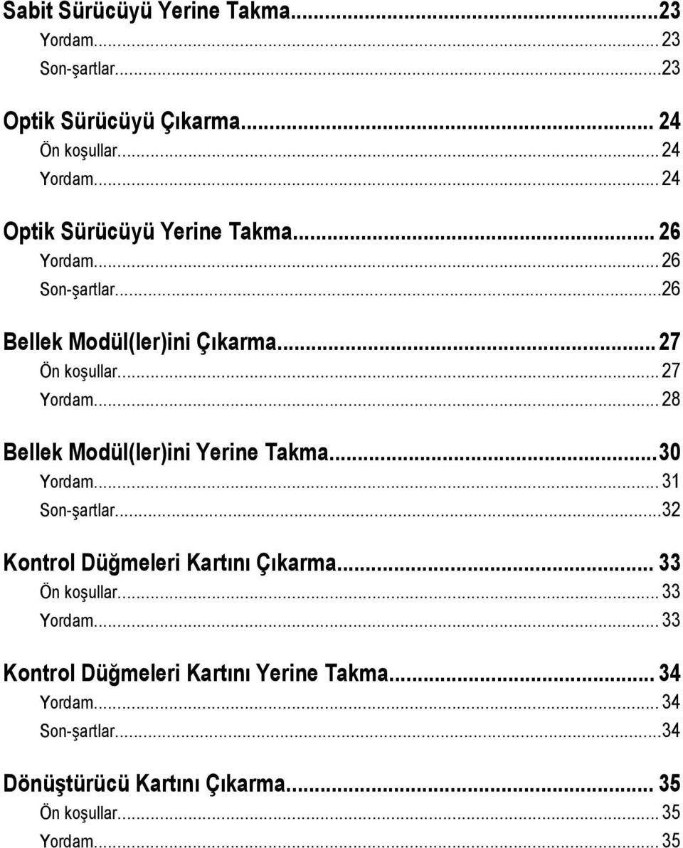 .. 28 Bellek Modül(ler)ini Yerine Takma...30 Yordam... 31 Son-şartlar...32 Kontrol Düğmeleri Kartını Çıkarma... 33 Ön koşullar.