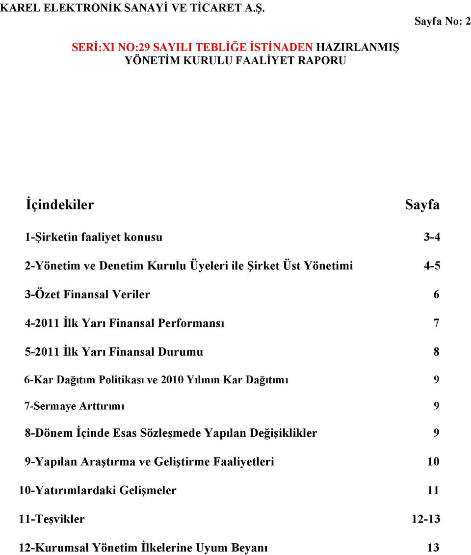 ve 2010 Yılının Kar Dağıtımı 9 7-Sermaye Arttırımı 9 8-Dönem İçinde Esas Sözleşmede Yapılan Değişiklikler 9 9-Yapılan