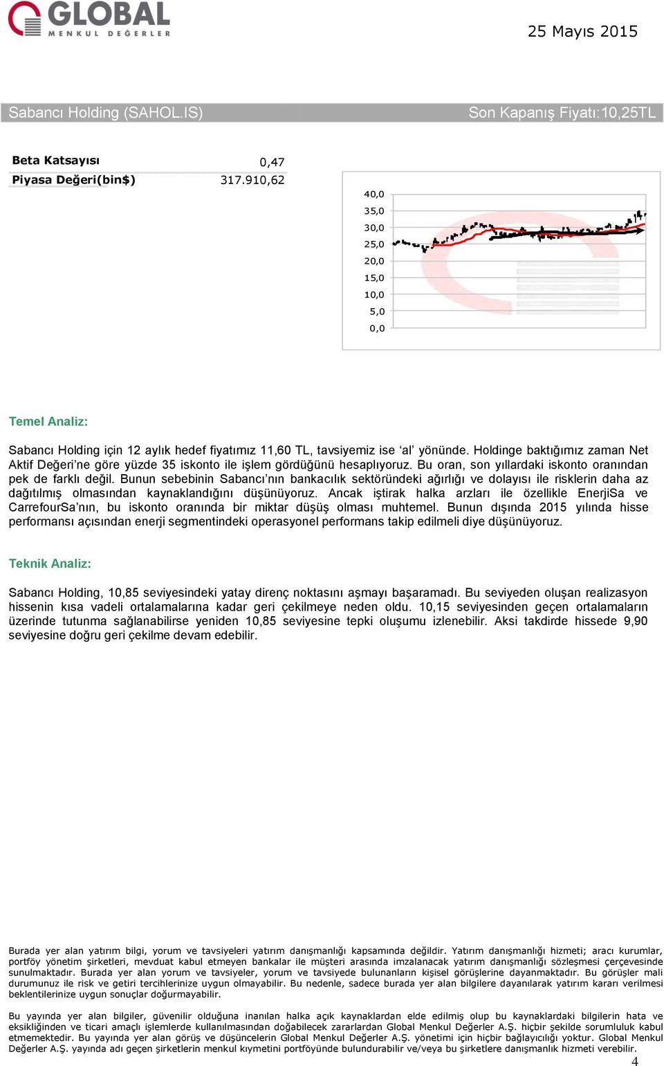 Bunun sebebinin Sabancı nın bankacılık sektöründeki ağırlığı ve dolayısı ile risklerin daha az dağıtılmış olmasından kaynaklandığını düşünüyoruz.