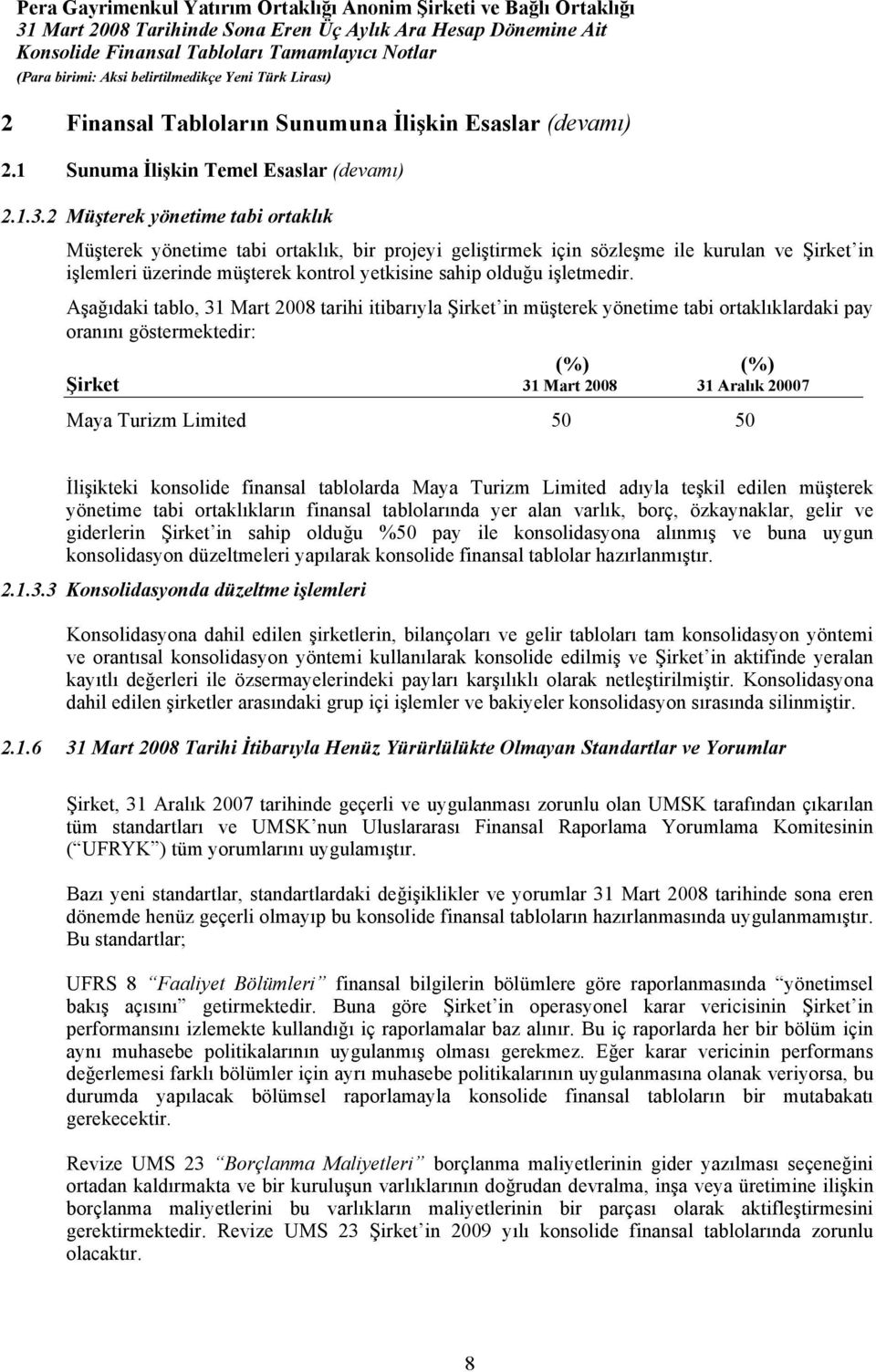 Aşağıdaki tablo, 31 Mart 2008 tarihi itibarıyla Şirket in müşterek yönetime tabi ortaklıklardaki pay oranını göstermektedir: (%) (%) Şirket 31 Mart 2008 31 Aralık 20007 Maya Turizm Limited 50 50