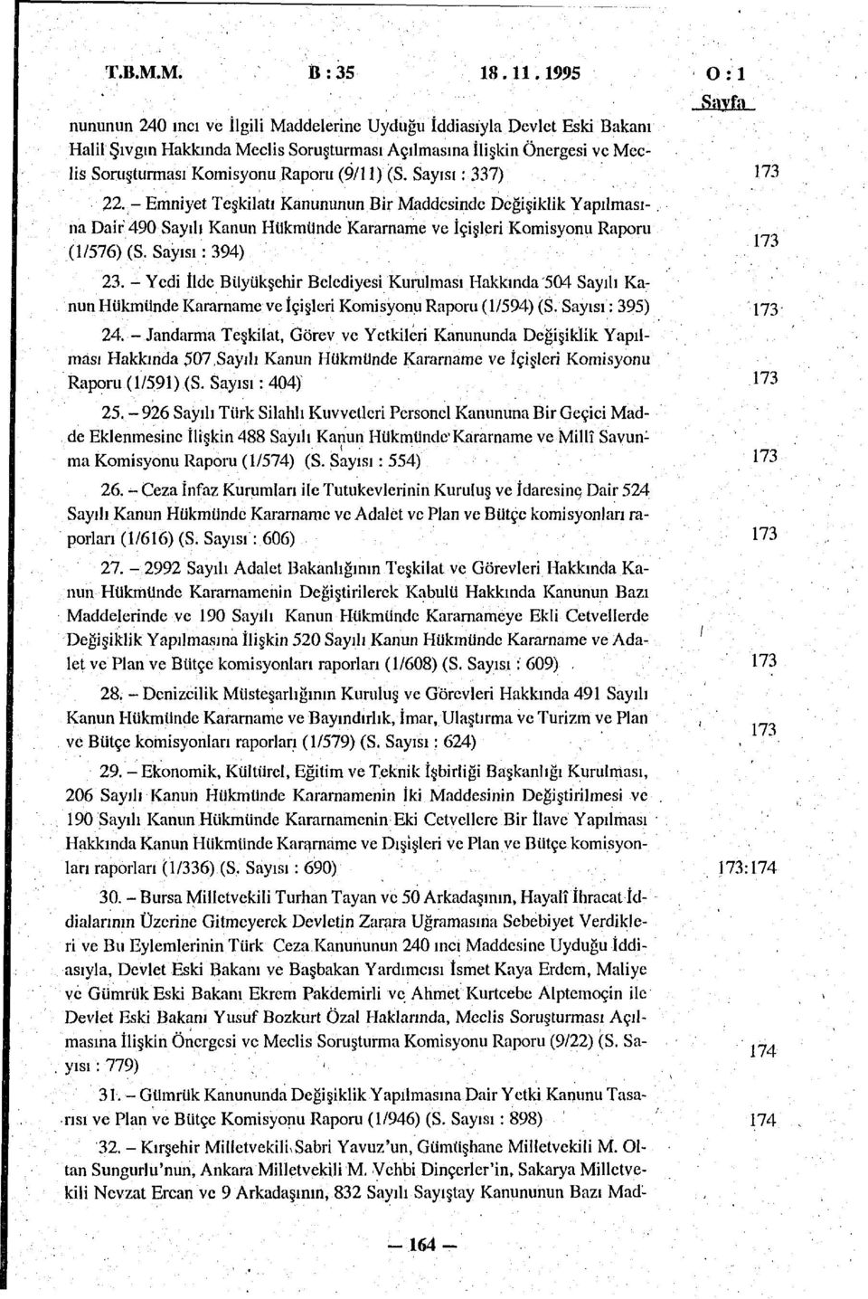 Sayısı: 337) 22. - Emniyet Teşkilatı Kanununun Bir Maddesinde Değişiklik Yapılmasına Dair 490 Sayılı Kanun Hükmünde Kararname ve İçişleri Komisyonu Raporu (/576) (S. Sayısı: 394) 23.