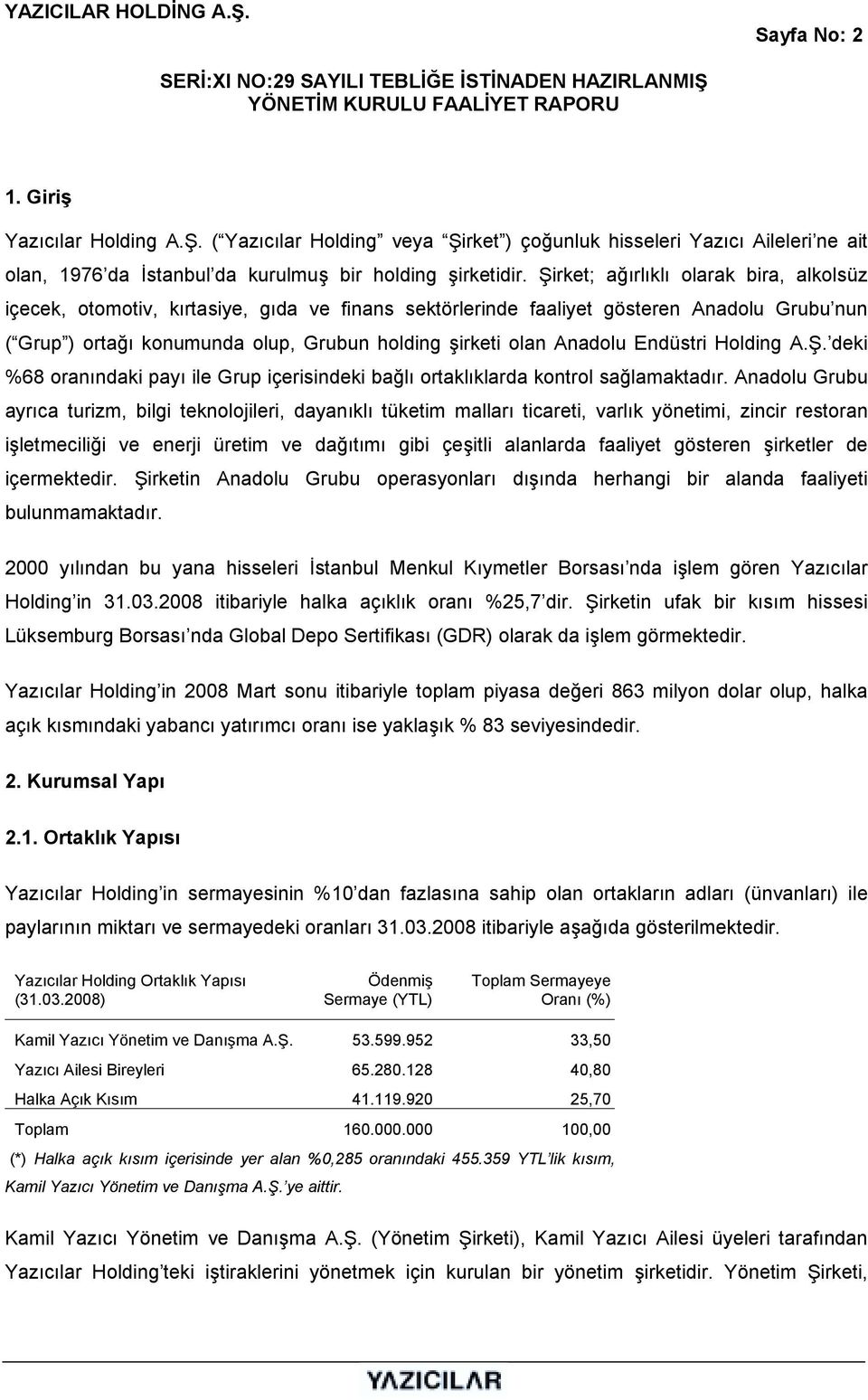 Anadolu Endüstri Holding A.Ş. deki %68 oranõndaki payõ ile Grup içerisindeki bağlõ ortaklõklarda kontrol sağlamaktadõr.