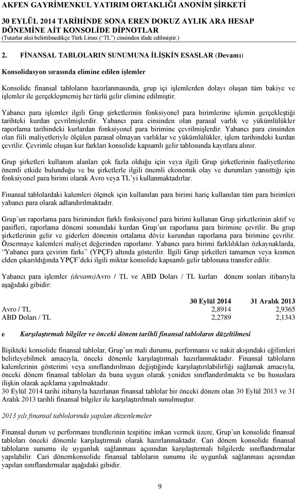 Yabancı para cinsinden olan parasal varlık ve yükümlülükler raporlama tarihindeki kurlardan fonksiyonel para birimine çevrilmişlerdir.