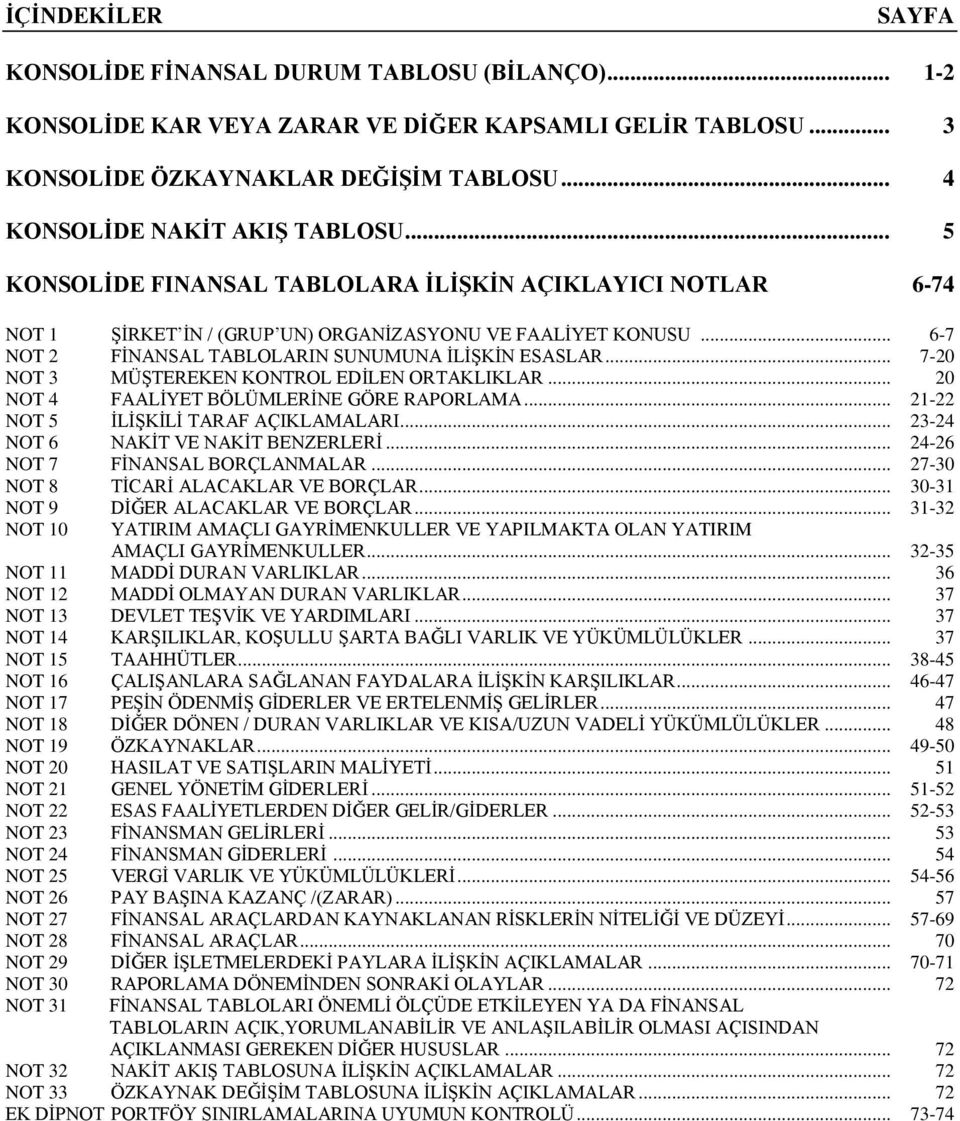 .. 7-20 NOT 3 MÜŞTEREKEN KONTROL EDİLEN ORTAKLIKLAR... 20 NOT 4 FAALİYET BÖLÜMLERİNE GÖRE RAPORLAMA... 21-22 NOT 5 İLİŞKİLİ TARAF AÇIKLAMALARI... 23-24 NOT 6 NAKİT VE NAKİT BENZERLERİ.